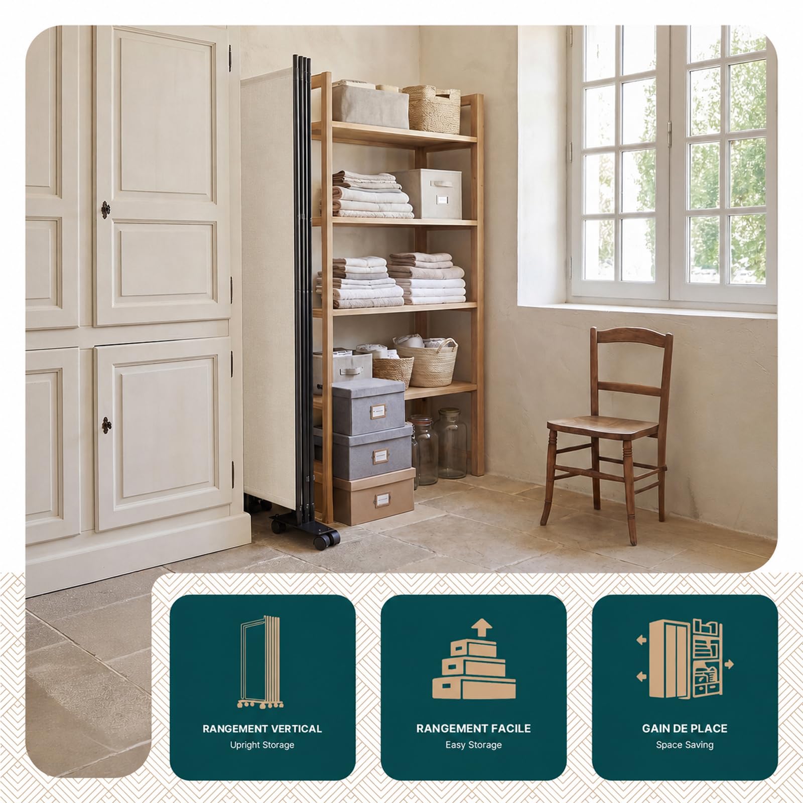 VOUNOT® Separe Divisorio Interno a 3 Pannelli con Ruote, Paravento Pieghevole Autoportante Privacy per Salotto, Camera da Letto e Ufficio, 262 x 30 x 180 cm, Beige