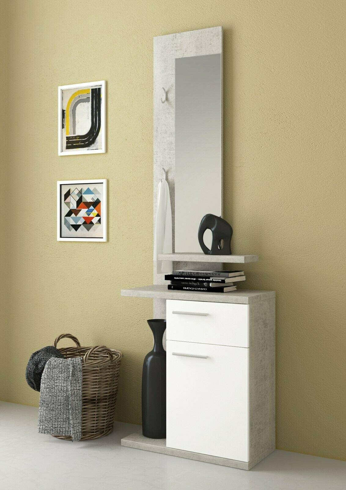 Mobile Nauplia Mobiletto Da Ingresso Con Vani Mensola e Specchio Arredo Arredamento Sala 60.5 x 186 x 28 cm Colore Bianco e Grigio Cemento