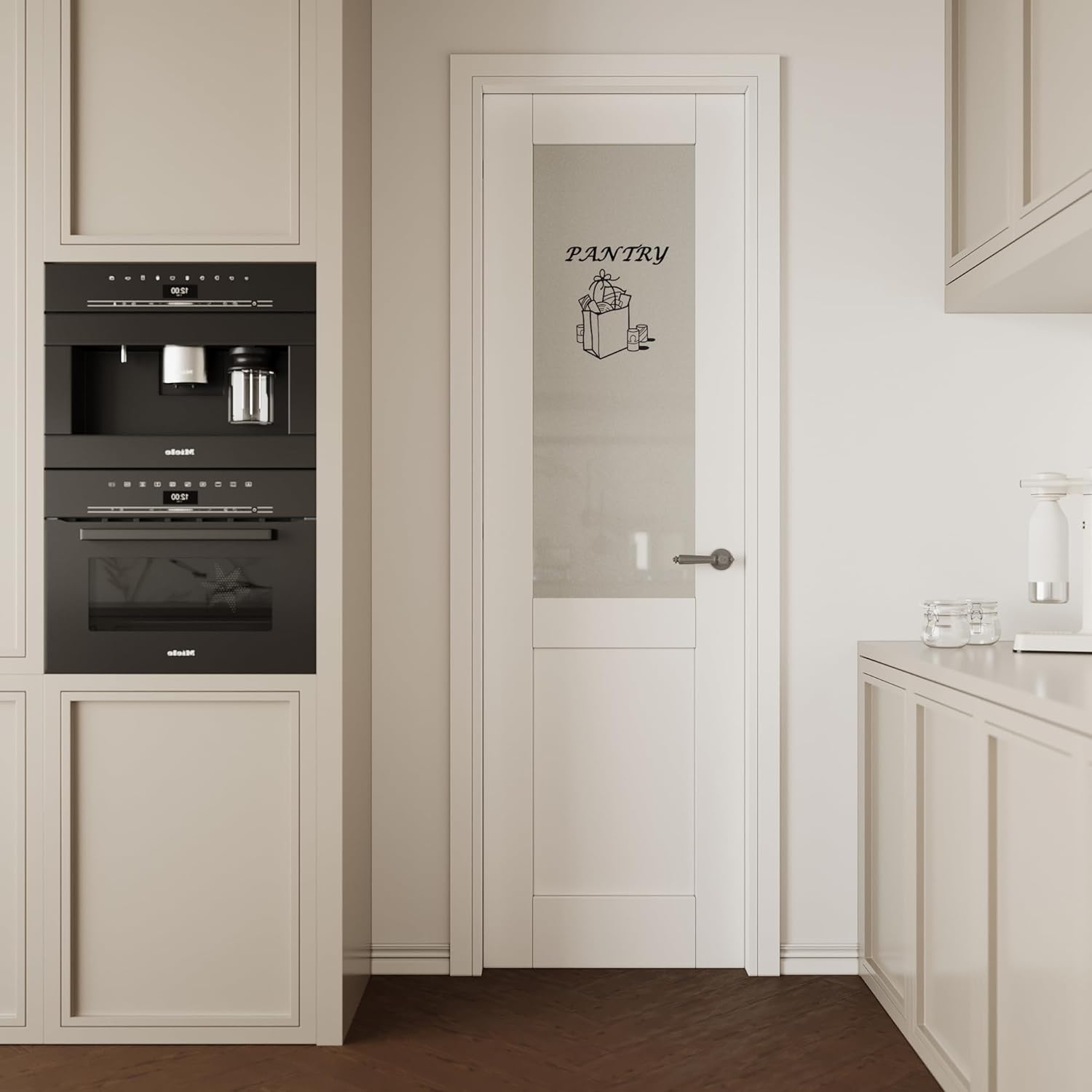 18in x 80in Frosted Glass Pantry Door, White Half Doors with Self-Adhesive Water-Resistant & Colorfast Pantry Theme Stickers, Interior Doors as Bifold, Pocket, French, Barn, Sliding Door Slab