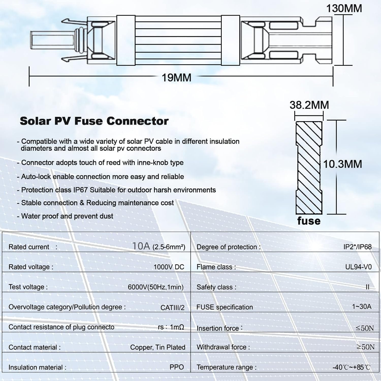 Leehitech 2×10A Solar Fuse Holder Inline with Male and Female Connector for Solar Panel and Solar Controller Waterproof Solar Fuse Connector - Image 2
