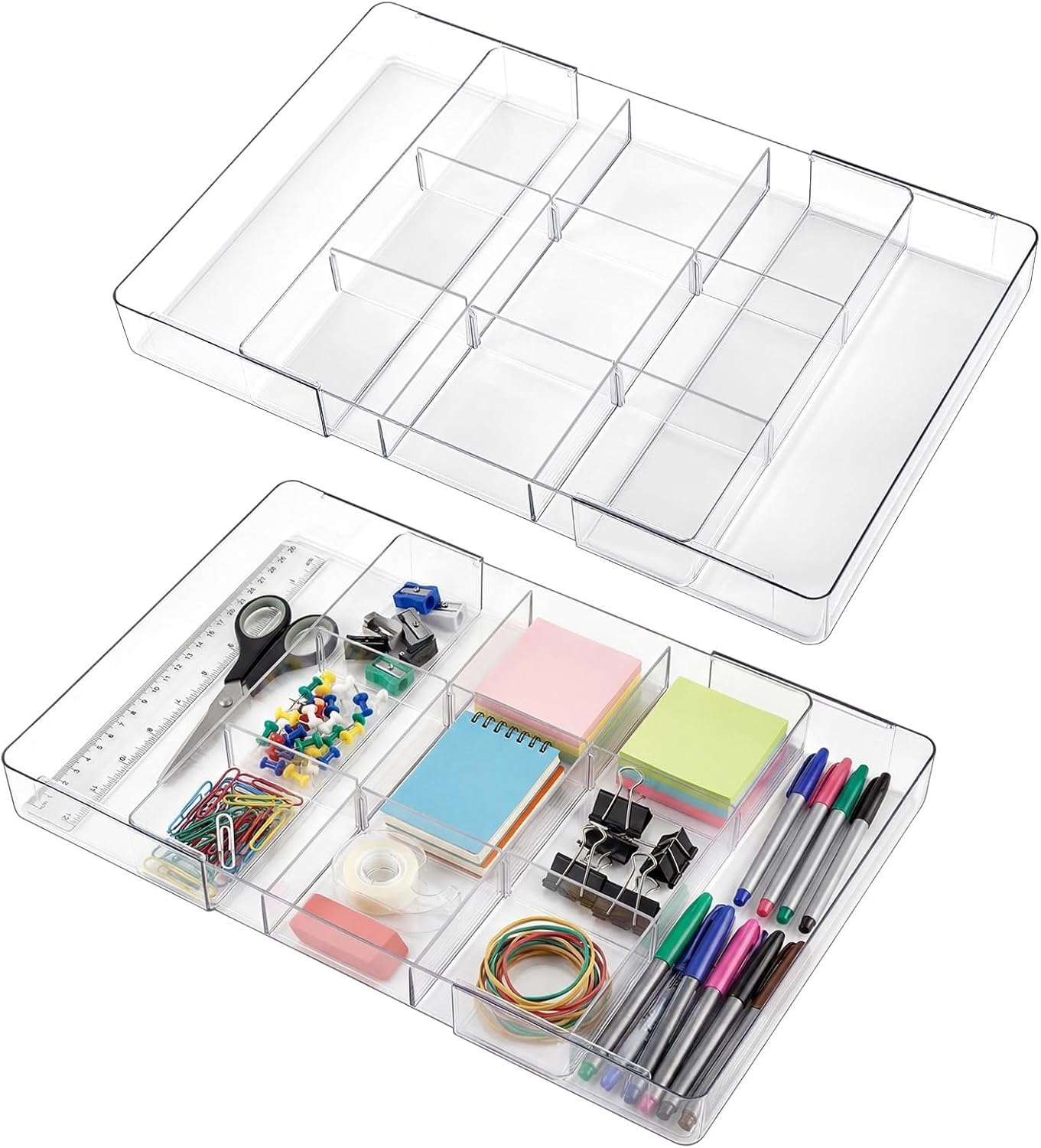 2 Pcs Large Expandable Acrylic Drawer Organizers, Grid Adjustable Drawer, Dividers Organizer for Desk, Makeup, Jewelry, Office, Kitchen Supplies (Transparent,11 Compartments)