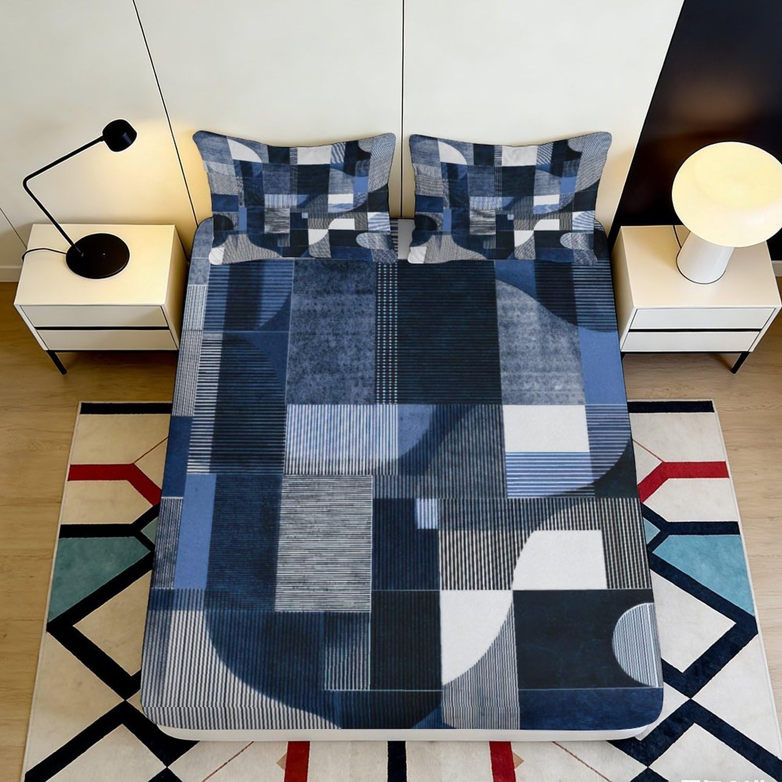 Pnayamiorkfel Style-8 3D Printed Geometric Blue Fitted Sheet Microfiber Soft Breathable Abstract Grid Bed Cover For Bedroom Dorm Mattress Protector Decor 90X200x25cm