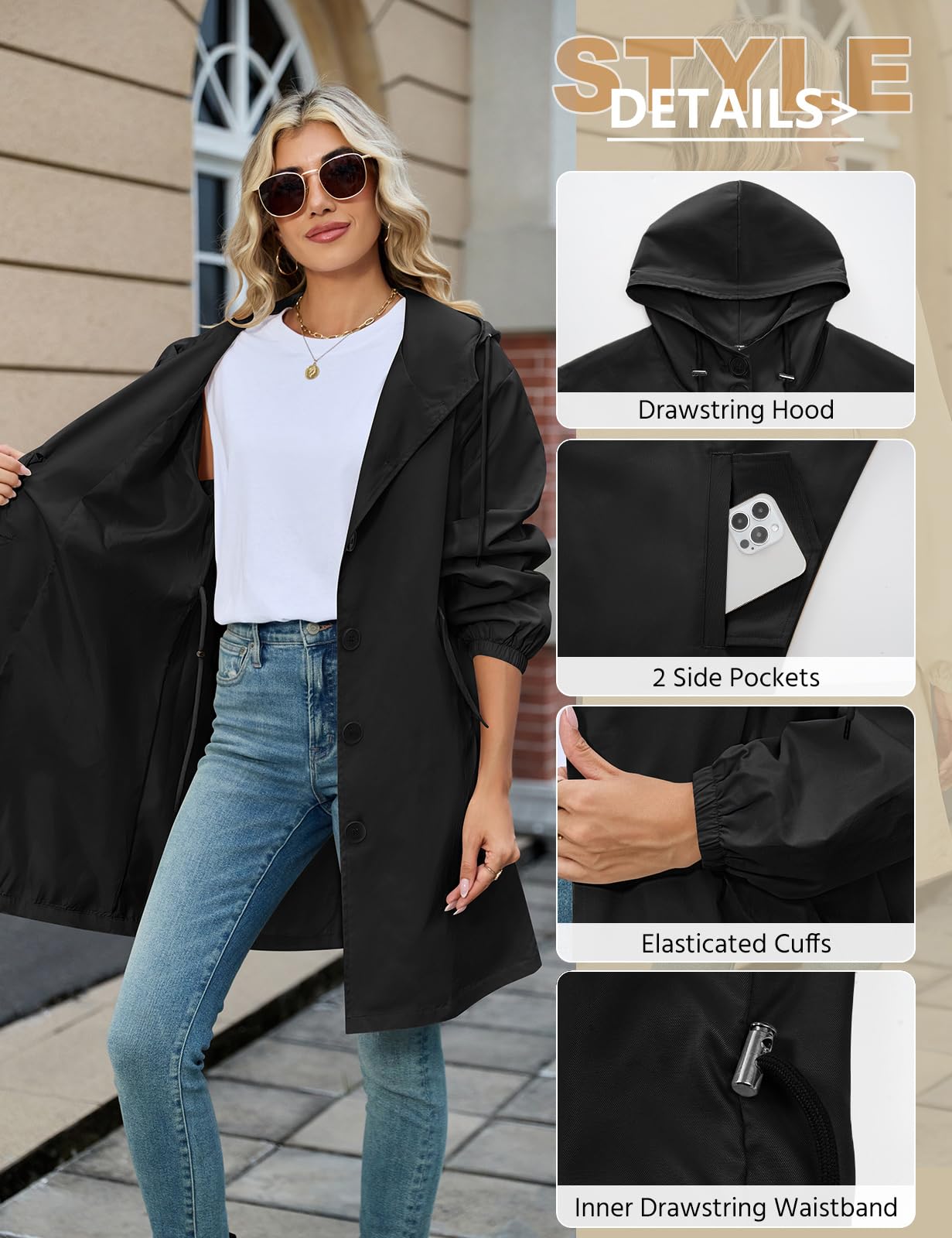 CMTOP Mantel Damen Lang Elegant Leichte Trenchcoat, Klassische Einfarbig Mäntel Winddichter Übergangsmantel Wasserabweisend Windjacke mit Taschen, Kapuze für Herbst Frühling Sommer