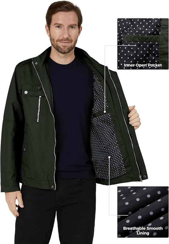 wantdo Men's Cotton Lightweight Military Jacket Casual Windbreaker | Zipper and Snap Closure,Windproof,Stand Collar,Regular Fit,Versatile Outerwear,Spring Fall Daily Wear