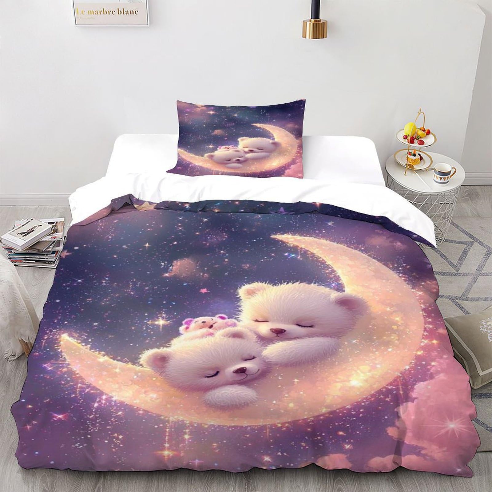 Linge de lit ours et lune housse de couette anti-plis pour lit une place