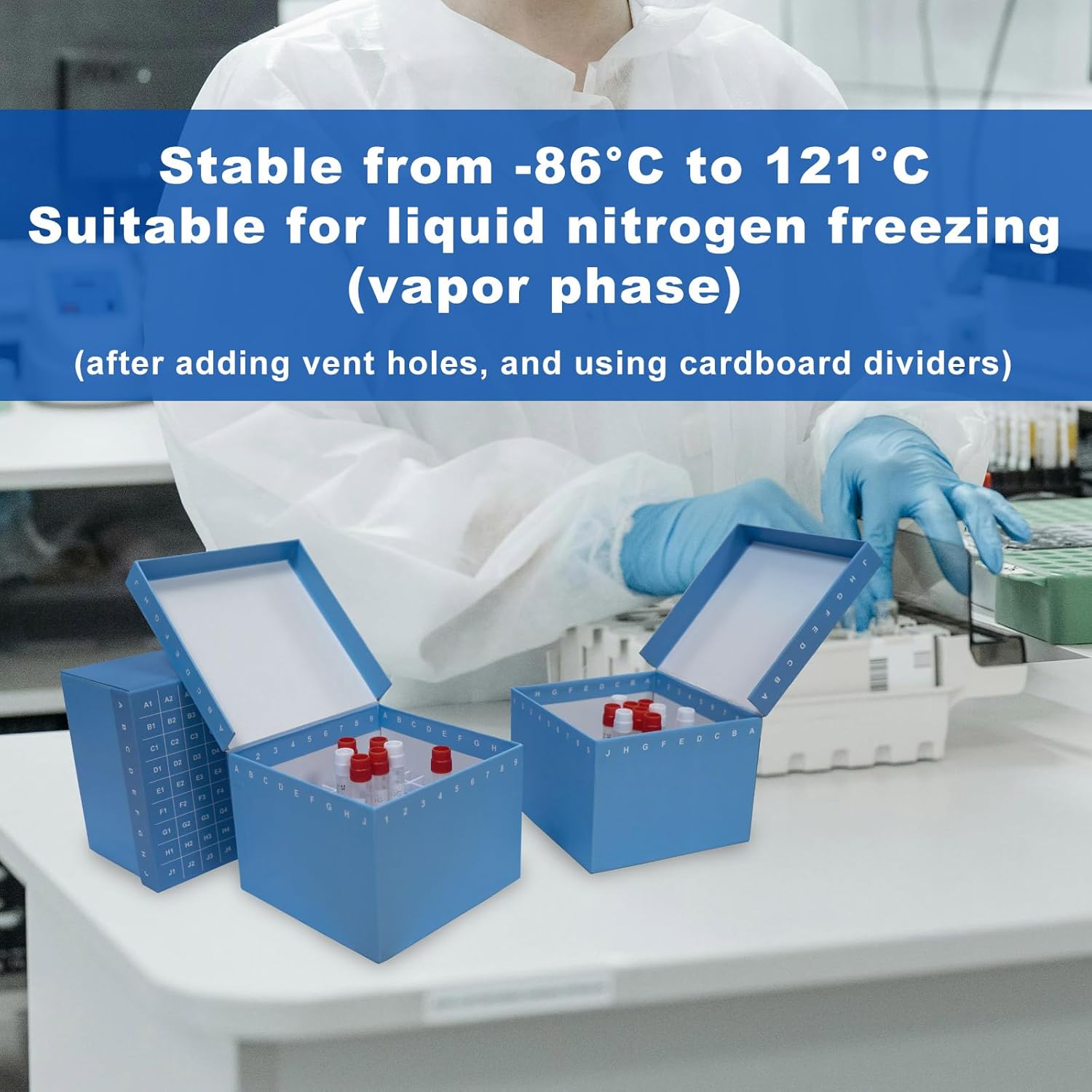 3.75 Inch 81-well Cryo Boxes, Lab Freezer Boxes with Connected Lid, ID-Color Cardboard Freezer Boxes with Straight Grid Divider, 5 /Bag