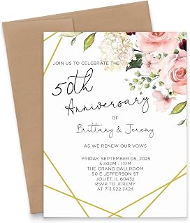 Pink and Gold Wedding Anniversary Invitation Cards With Flowers, 25th, 40th, 50th, Anniversary Invites With Envelopes, Custom Vow Renewal Invitations, Your Choice of Year, Quantity, & Envelope Color
