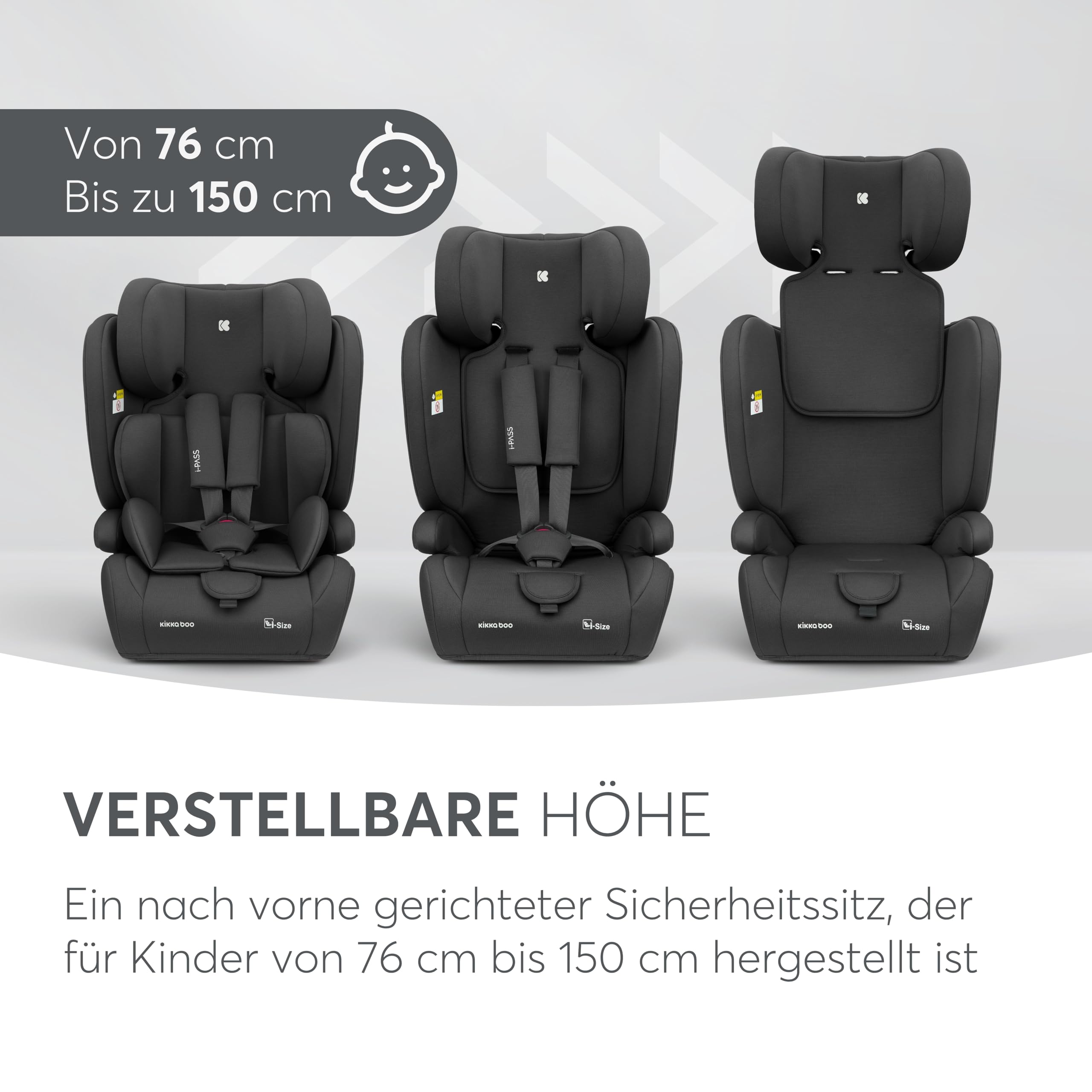 KikkaBoo Auto Kindersitz 9-36 kg i-PASS i-Size Gruppe 1/2/3 76-150 cm Schwarz
