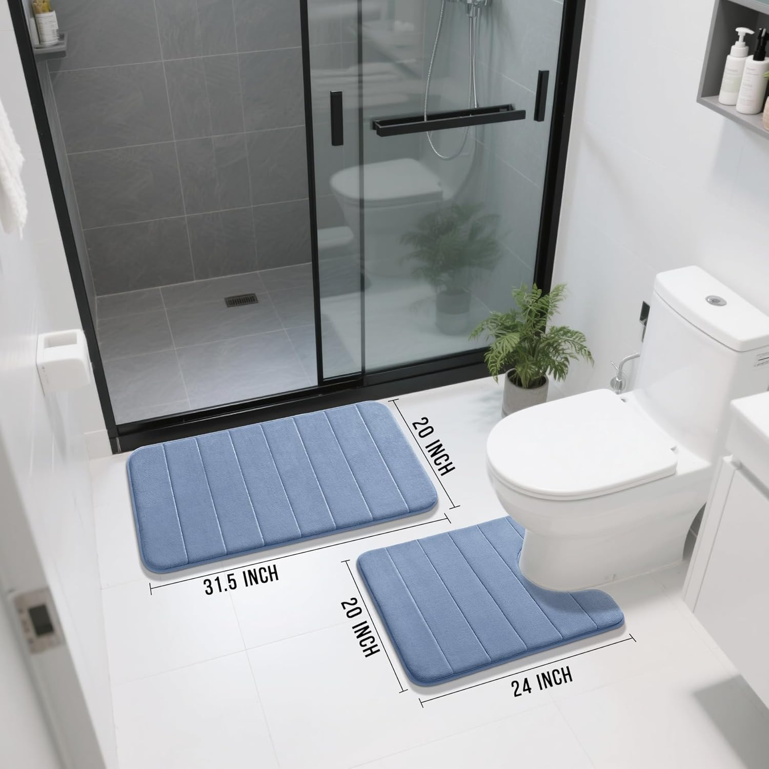 Yimobra Memory Foam Bath Mat Set 2 Piece - Super Soft Absorbent Quick Dry Bathroom Toilet Rugs, Machine Washable Non Slip Floor Carpet for Tub Shower & Single Sink (31.5x20 & 24x20, Denim Blue) - Image 2