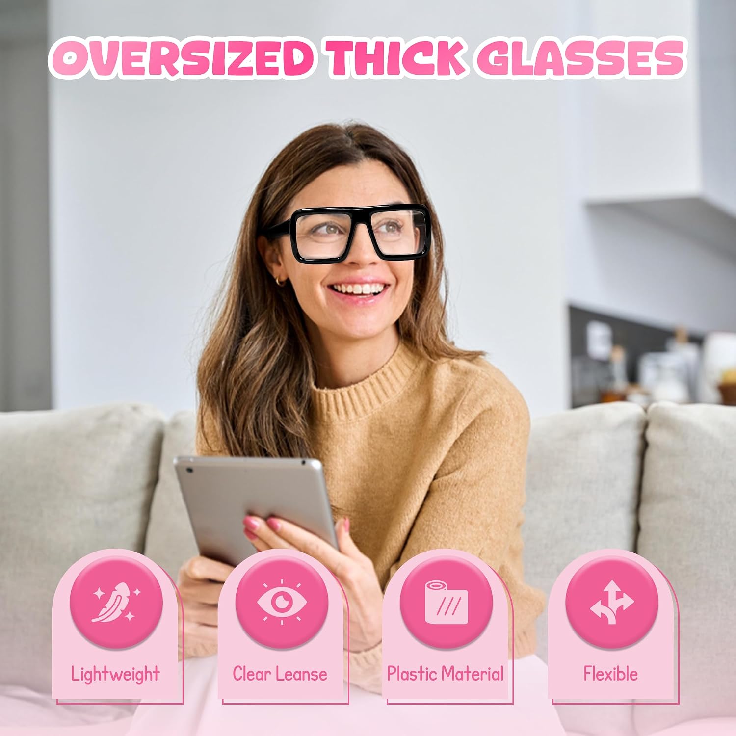 4E's Novelty Black Oversized Thick Glasses Clear Lens Non Prescription Square Frame, Fake Huge Fashion Eyeglasses for Vector Velma Costume Adults Women & Men, Halloween Nerd Costume Accessories