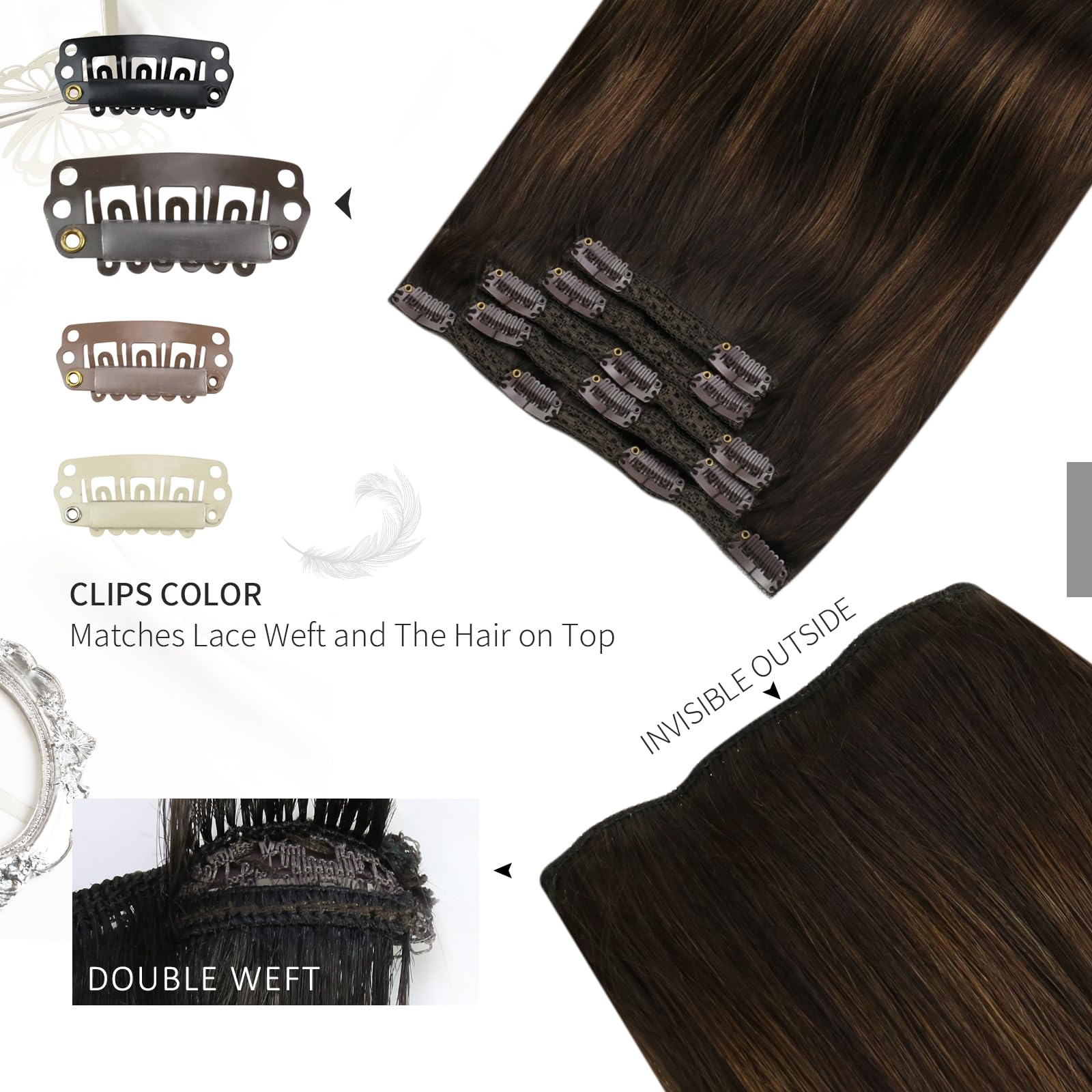 Moresoo Extension Capelli Veri Clip Extension Clip Capelli Veri Remy Umani Lisci Extension a Clip da Castano Scuro a Marrone Medio con Castano Scuro #2/6/2 45 cm 120 Grammi 7 Pezzi