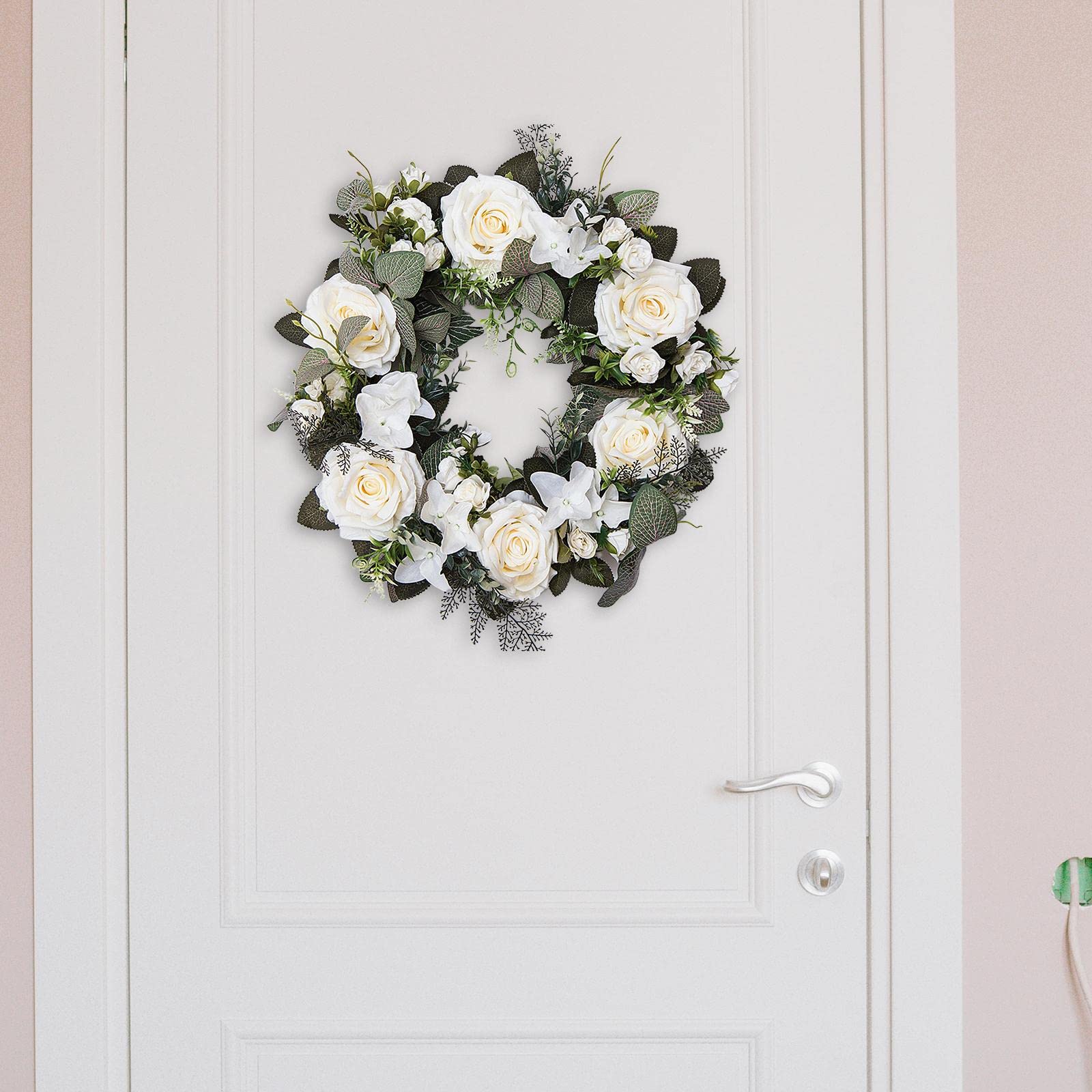 predolo 45 cm Künstlicher Blumenkranz für die Tür, Künstliche Rose Kranz für Haustür, Realistischer Blumen Türkranz Seidenblume Saisonale Kränze - Schöne Dekoration für Hochzeiten und Feste, Weiß