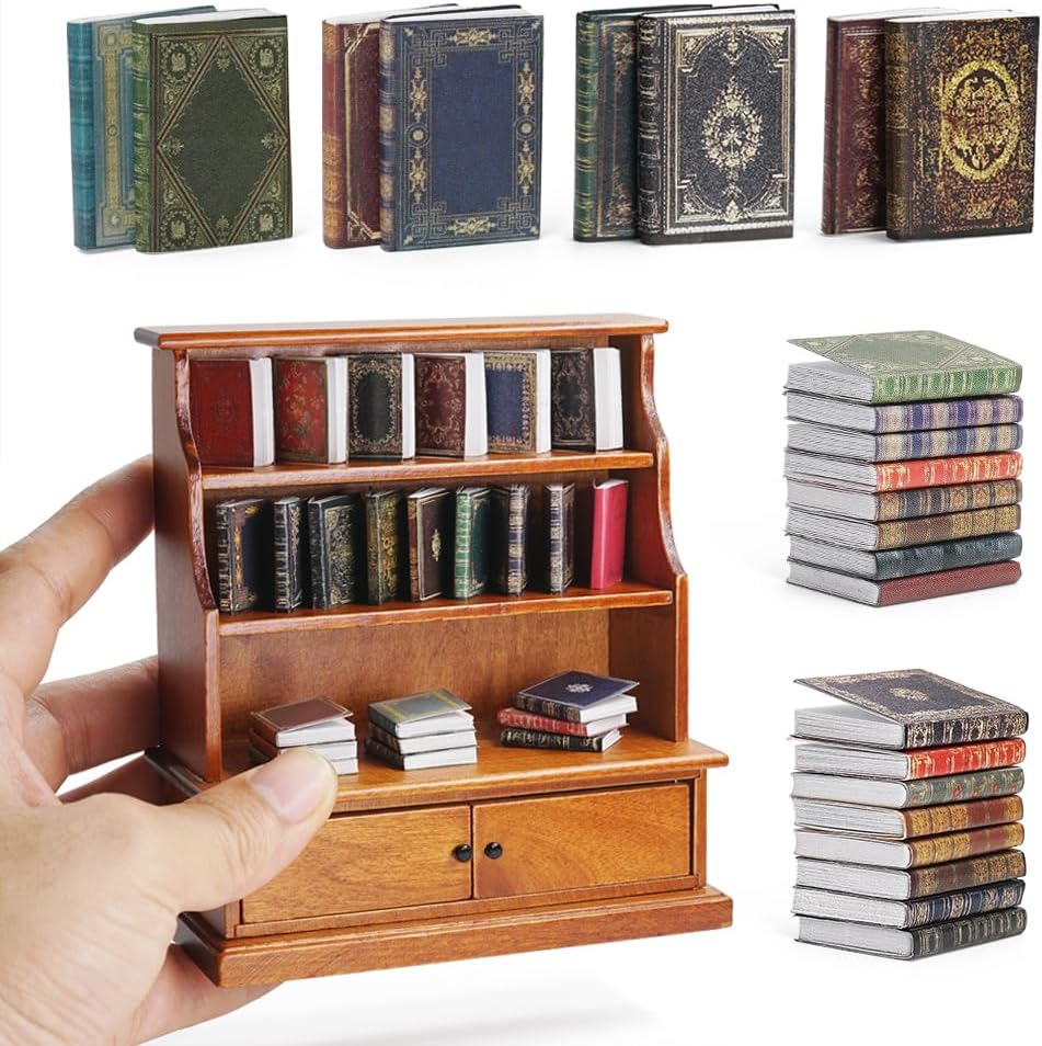 Dollhouse Bookshelf Retro Miniatures: 1/12 Scale Notebook Paper Shelf Storage Shelf Office Library - Mini Book School Supplies Organizer Cabinet Antique Wood Furniture Brown 49 Piece Set