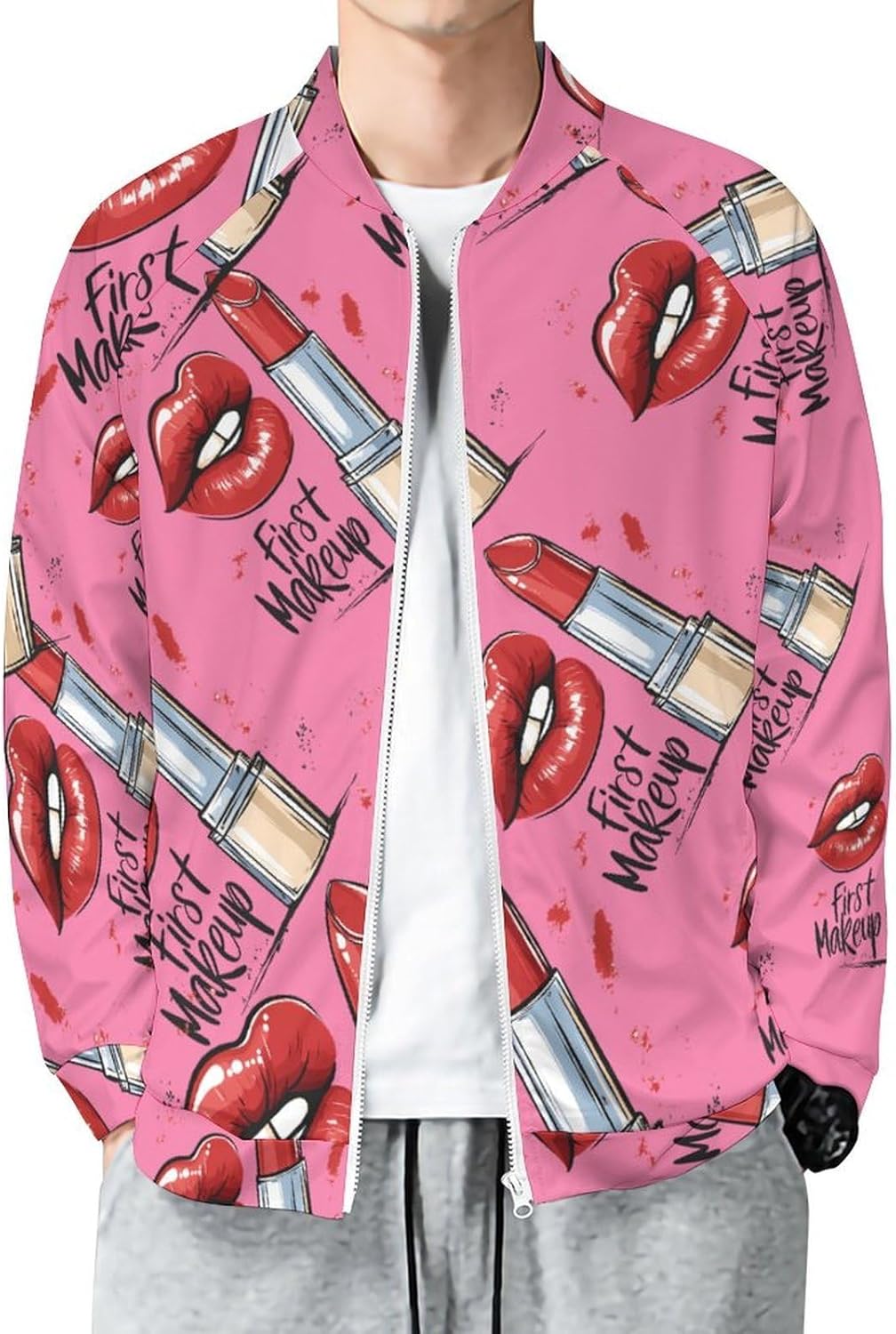 First Makeup Lips Men's Zip Up Sweatshirt Casual Sweater Jackets Long Sleeve Tops Lightweight Coat