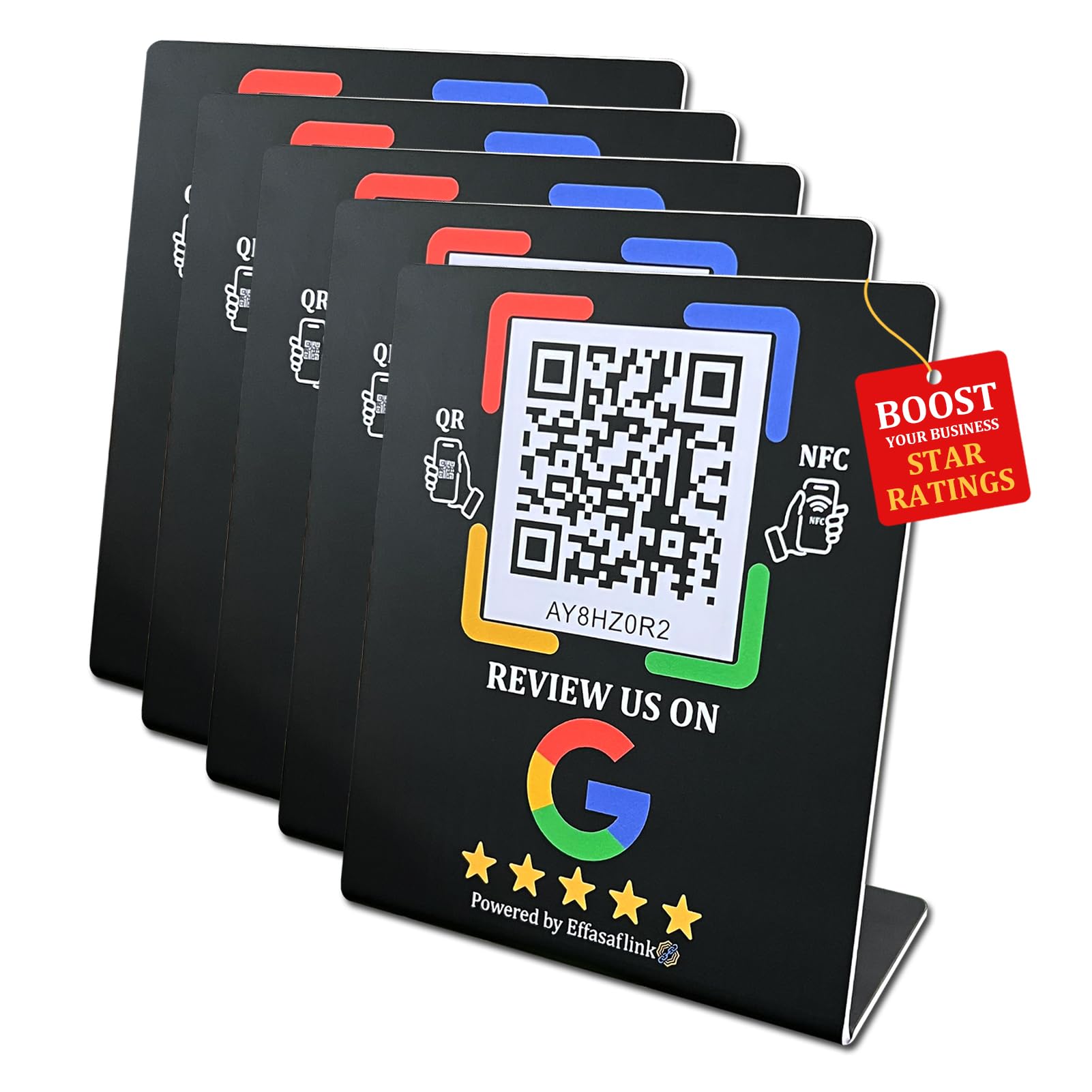 Plastic Stand with NFC Chip & QR Code - Compatible with Google Business Page for Customer Reviews, No Monthly Fees, Boost Business Reviews, Small Business Essentials, for iPhone & Android - Black 5pcs