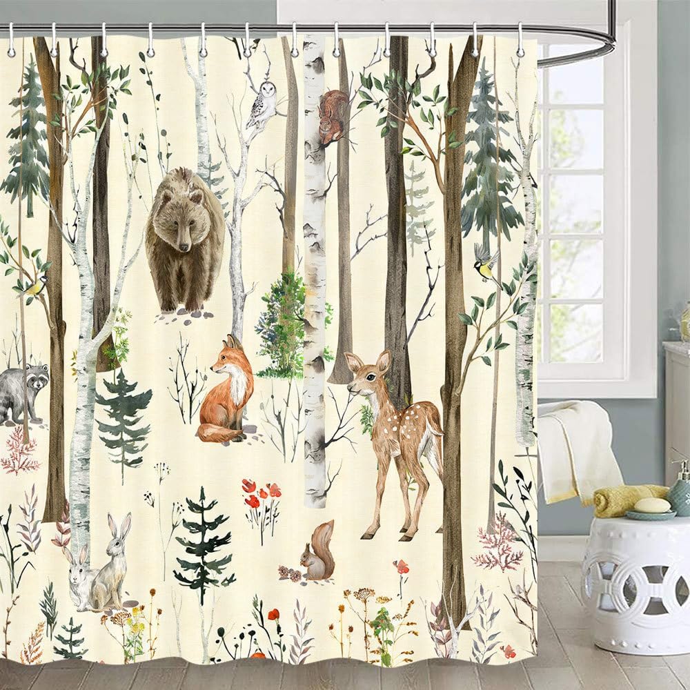 JAWO Rustic Forest Shower Curtains, Lodge Cabin Woodsy RV Shower Curtain, Wildlife Animals Woodland Campers Camping Bathroom Set with Hooks, 72X78 Inch, Beige