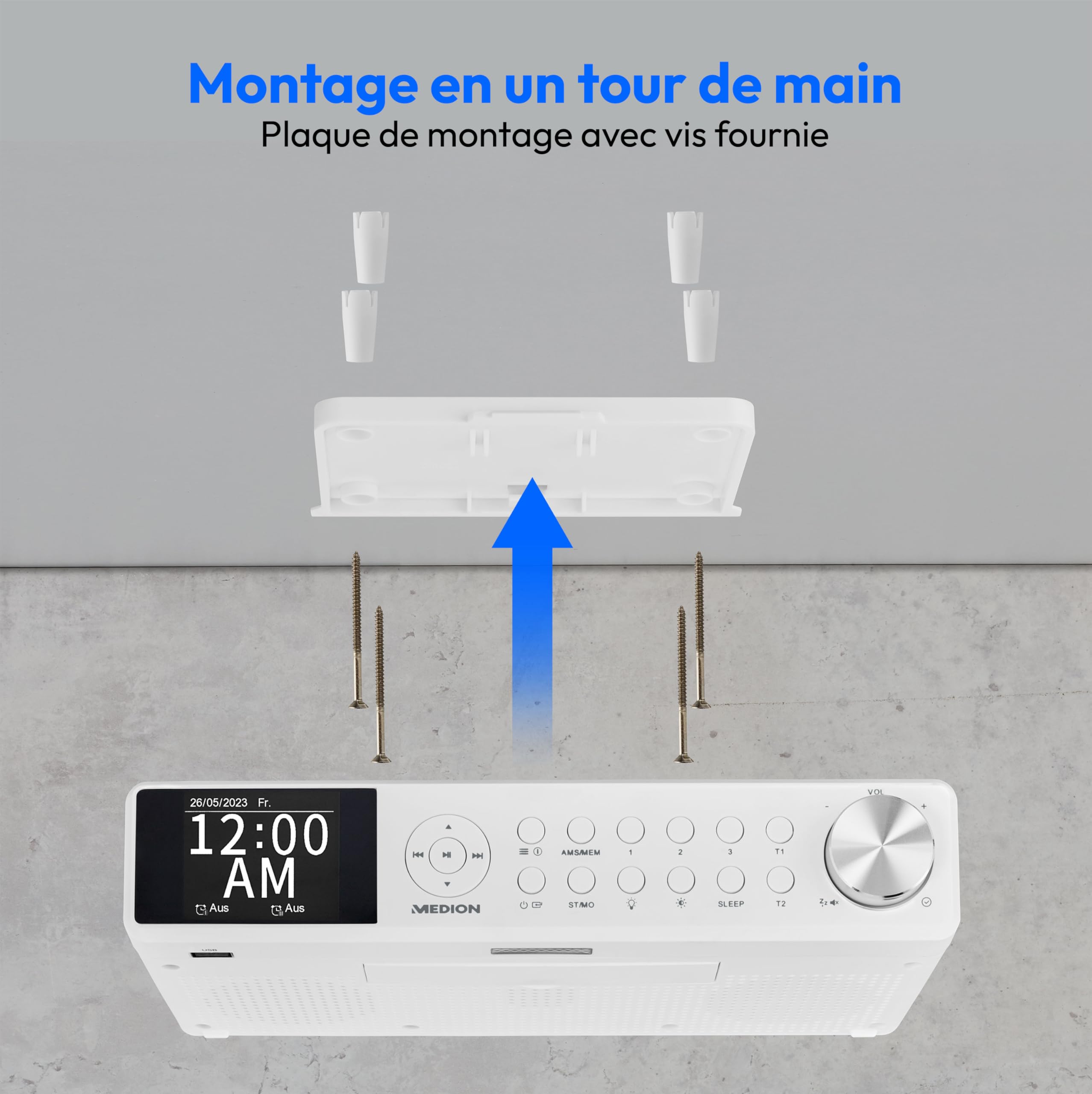 MEDION P66750 Radio de cuisine encastrable (radio de cuisine DAB+, radio FM PLL, écran couleur TFT à intensité variable, minuterie de cuisson, Bluetooth, barre LED, matériel de montage inclus), blanch