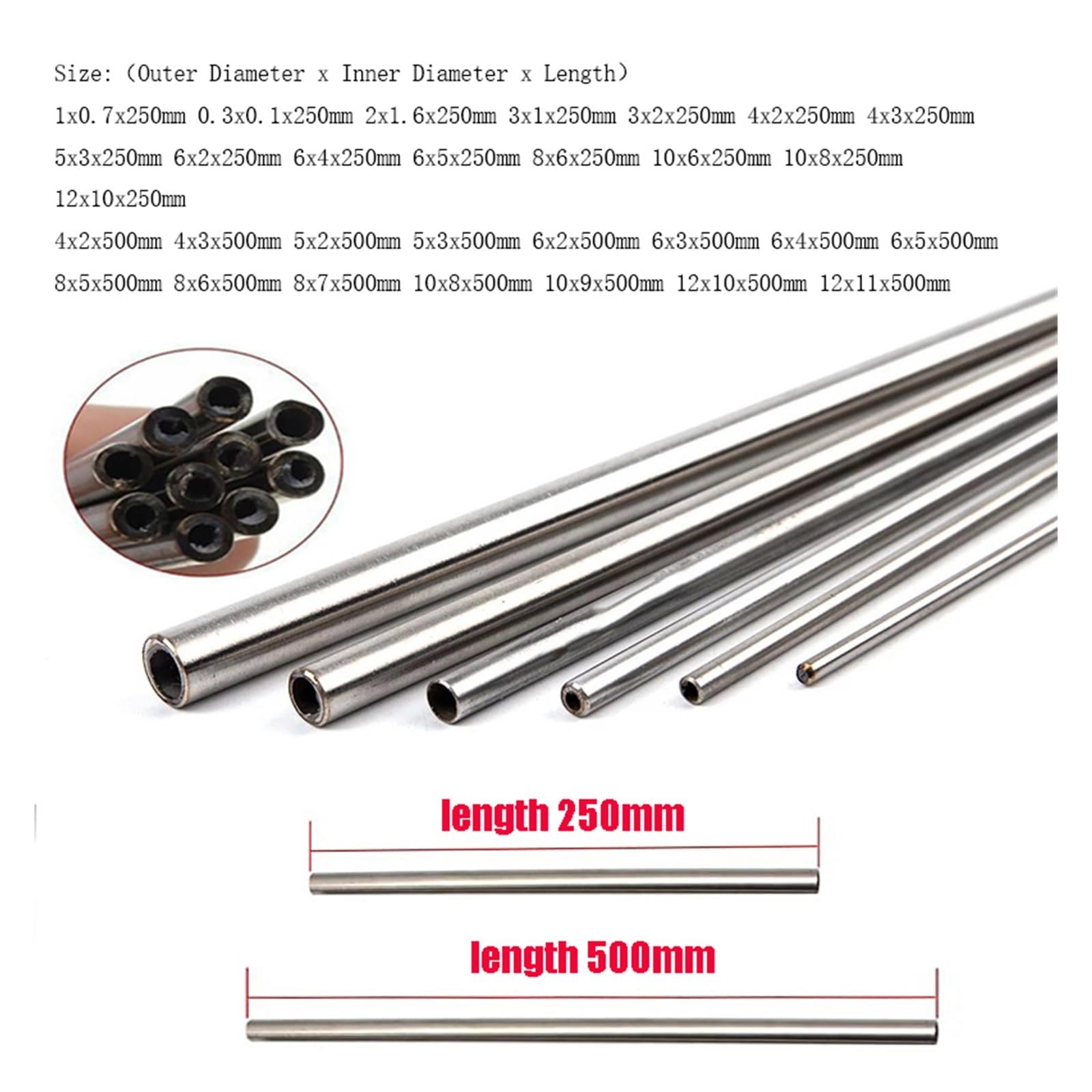 1 szt. Długość 250/500 mm 304 bezszwowa rurka kapilarna ze stali(6x3x500mm)