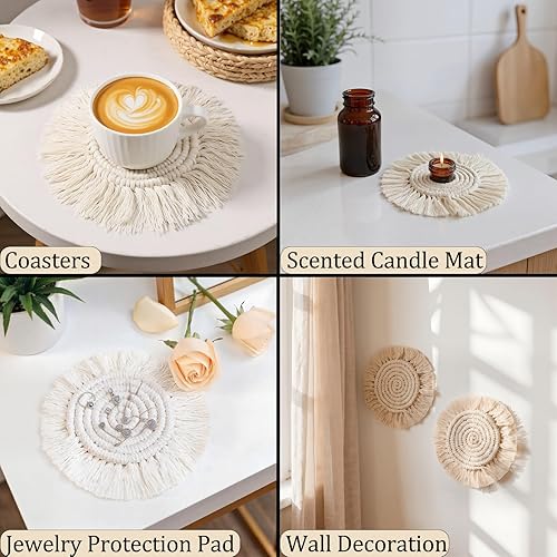 Miniatura 8 de Juego de 2 posavasos bohemios de macramé, posavasos absorbentes para bebidas, redondos tejidos a mano para decoración bohemia del hogar, posavasos