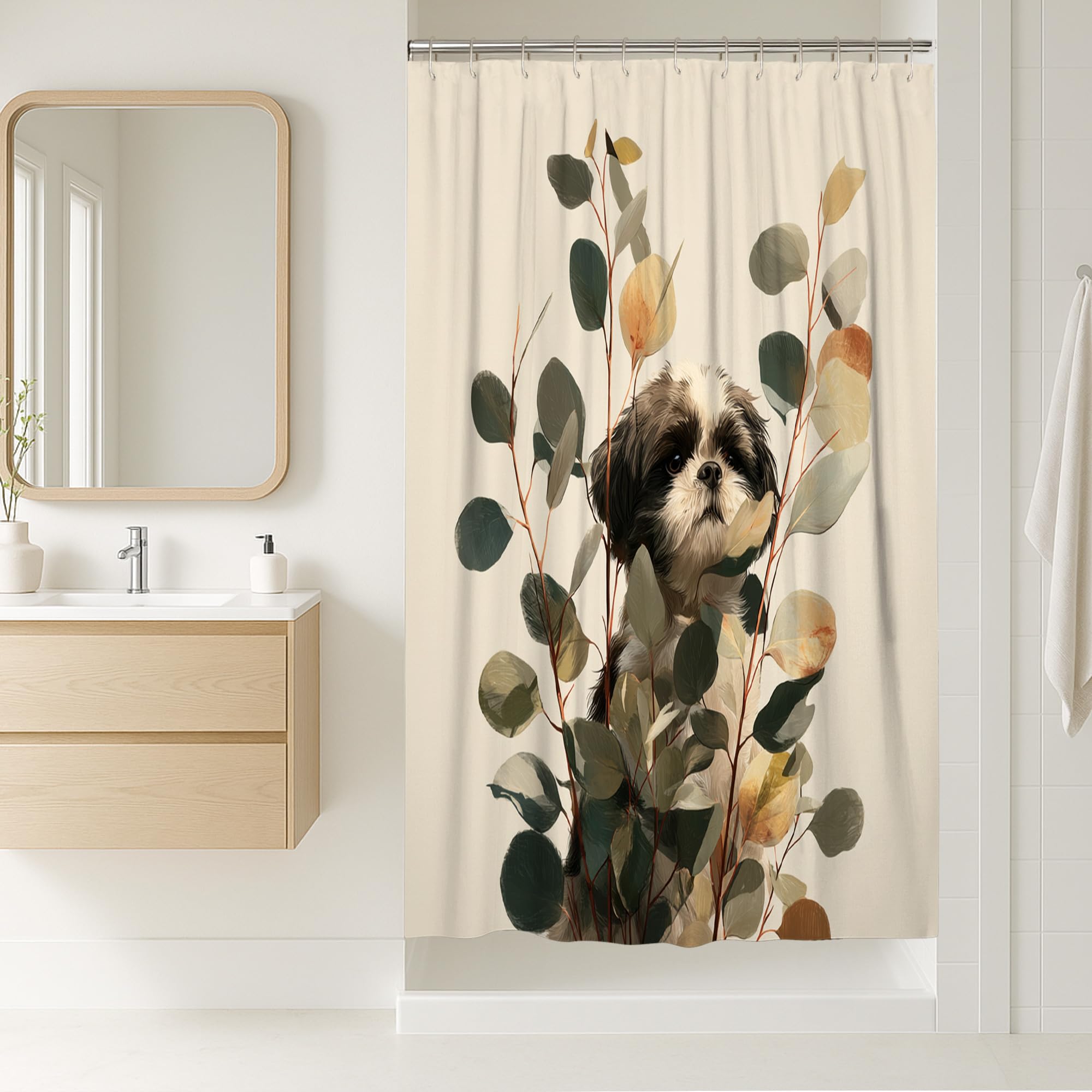 Dog Shower Curtain, Artistic Shih Tzu Dog in Leaves Bathroom Decor, Autumn Modern Nature Inspired Waterproof Fabric Shower Curtain for Animal Lovers 36x72 Inch
