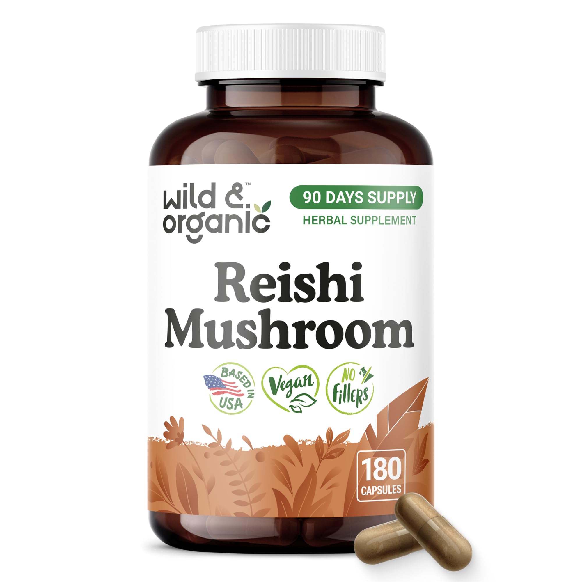 Wild & Organic Reishi Mushroom Capsules 1000mg - Immune Support - 180 Count 180 Count (Pack of 1)