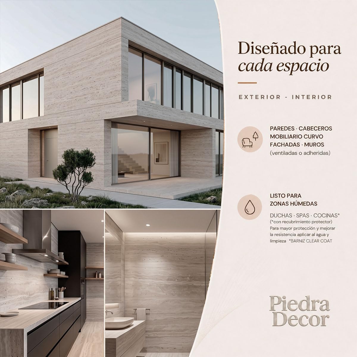 Panel piedra flexible TRAVENTINO BEIGE IT-D01 60x120 cm - 3-5 mm ultrafino, ligero, curvable, resistente, interior y exterior, sin obra, textura real x2 uds acabado premium.