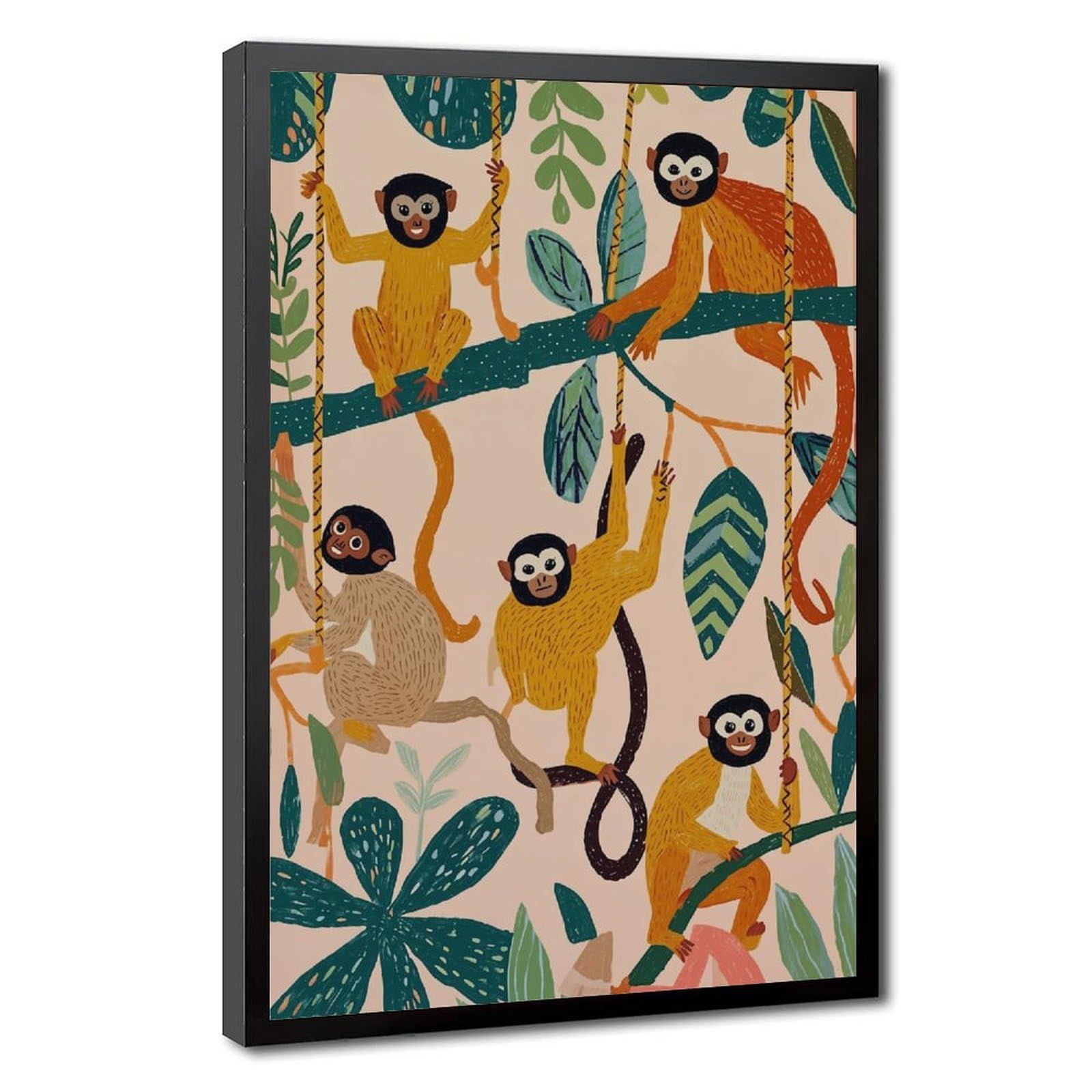 Dfhjl Black Frame-Style Monkeys Swinging On Jungle Vines Poster Canvas Poster For Office Decor Gift