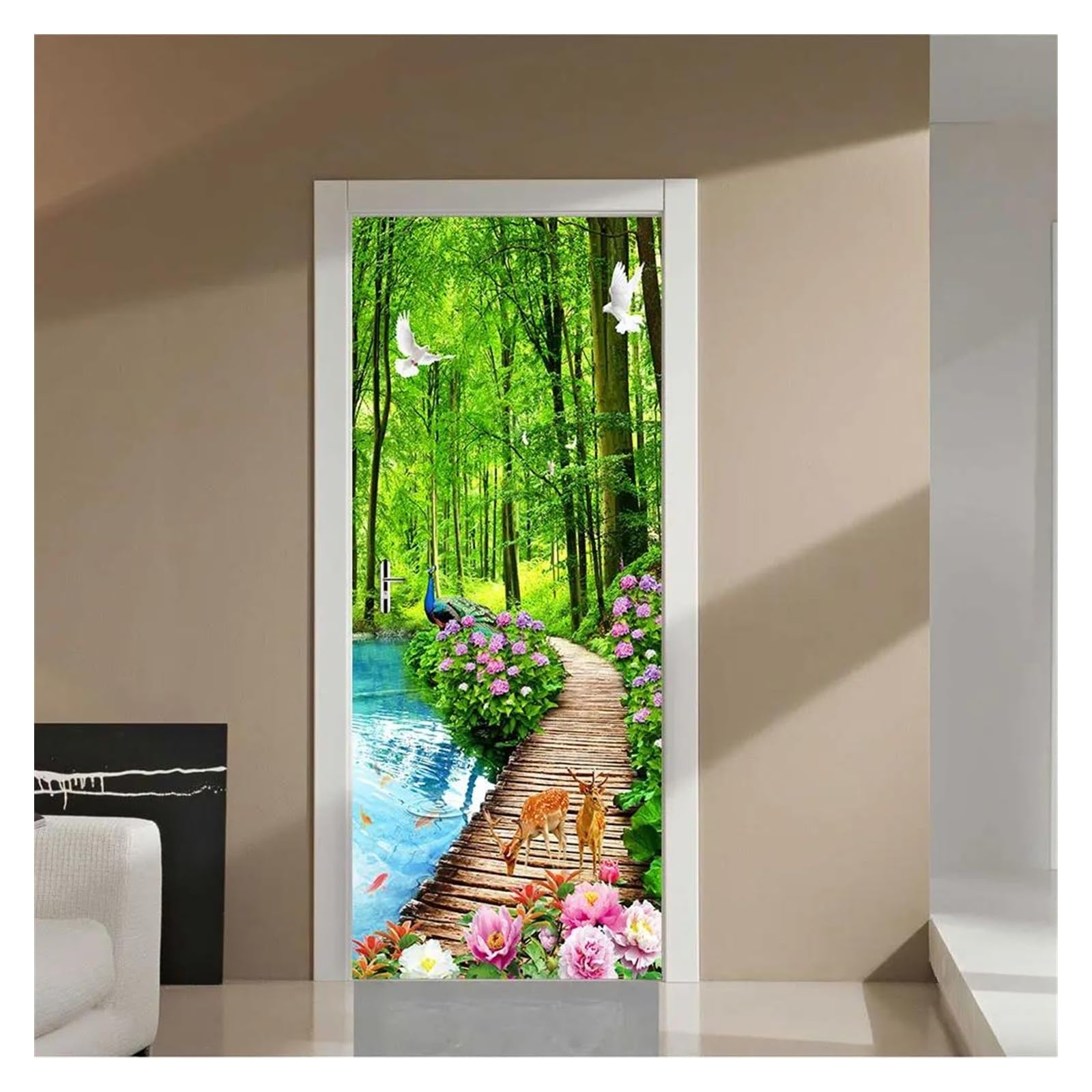 Sticker mural paon blanc et forêt fauve décor autocollant de porte trompe-l'œil 95x215cm