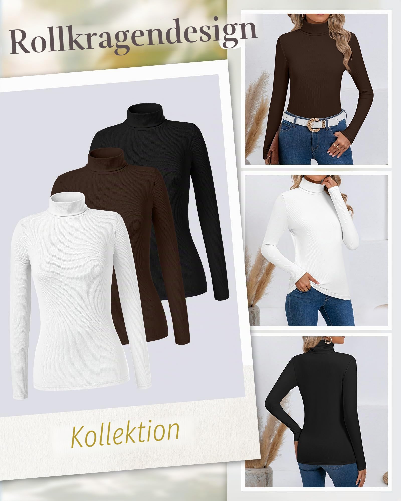 Ficerd 3er-Pack Damen-Thermo-Rollkragenoberteile mit Rippenmuster Langärmlige Stretch-Shirts Gestrickt Tailliert Basisschicht