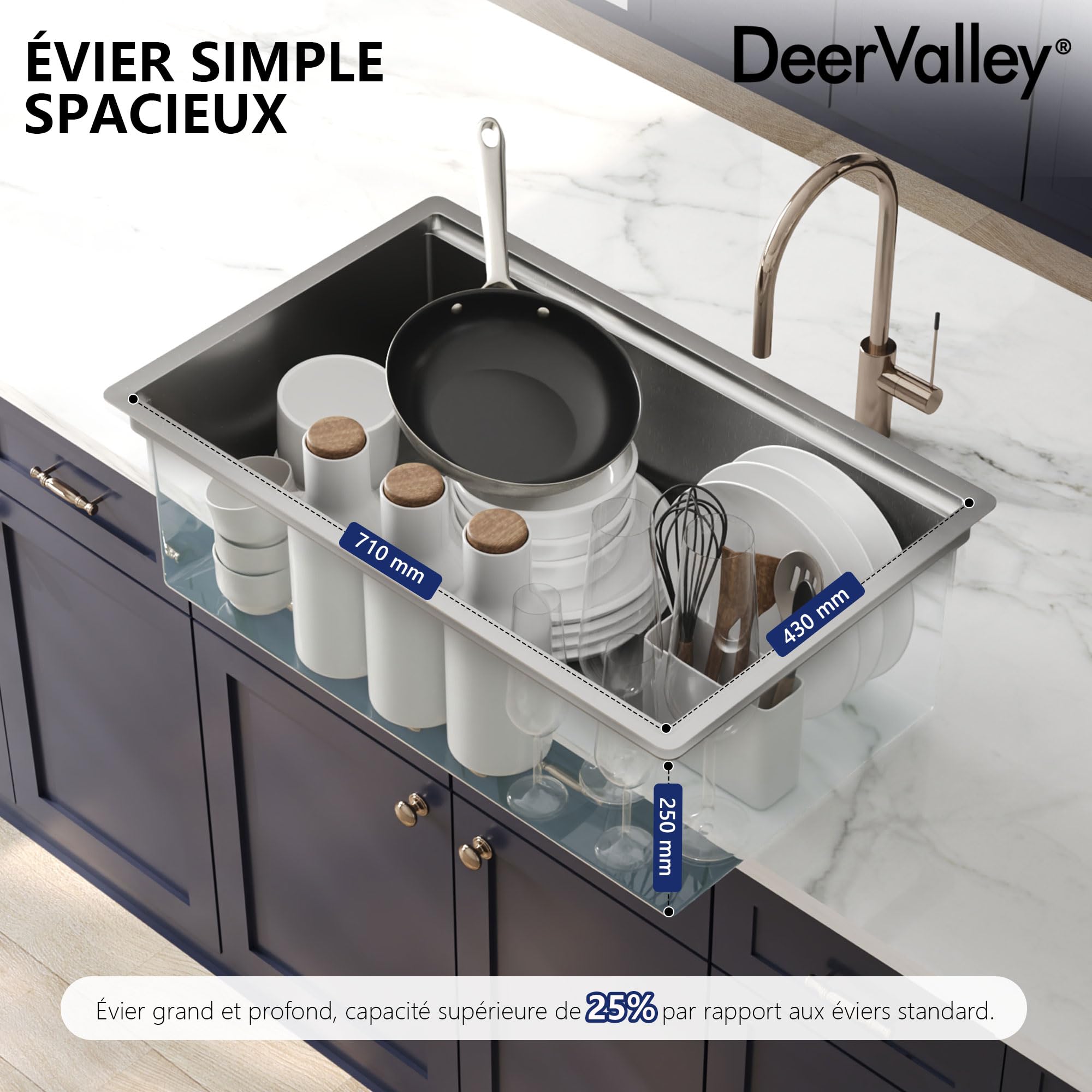 DeerValley Évier de Cuisine en Acier Inoxydable 76 x 48 cm, Evier Multifonction 1 Bac avec Mobile et planche à découper, Panier D'égouttement et Accessoires