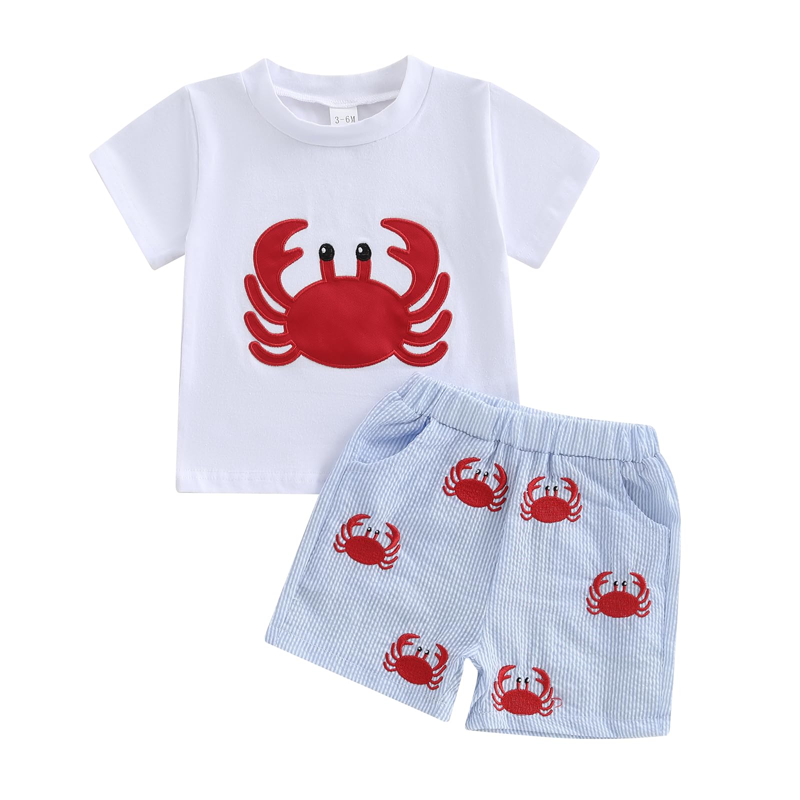 NANYKNIGHTY Toddler Boy Summer Outfits Little Lobster Clothes Short Sleeve T-Shirts with Stripe Shorts 2Pcs Clothes Set (Crab White, 2-3T)