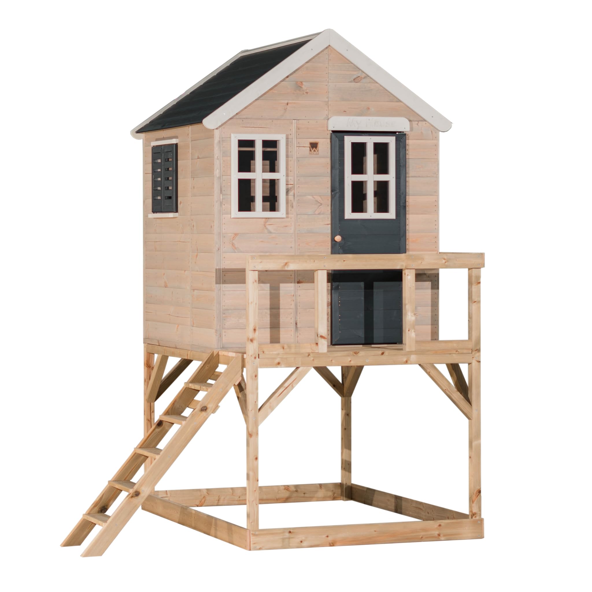 Wendi Toys M21G Grey Outdoor Playhouse with 90 cm Platform, Shutters & 3 Windows, 167x197x242 cm, Durable FSC Wood – Ideal Garden Play Equipment for Kids, Wooden Outdoor Fun