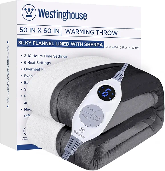 Westinghouse Heated Throw Blanket, Electric Blanket Throw with 6 Heating Levels and 2-10 Hours Time Settings, Flannel to Sherpa Super Cozy Heated Blanket Machine Washable, 50x60 inch, Charcoal
