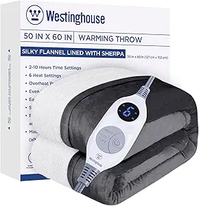Westinghouse Heated Throw Blanket, Electric Blanket Throw with 6 Heating Levels and 2-10 Hours Time Settings, Flannel to Sherpa Super Cozy Heated Blanket Machine Washable, 50x60 inch, Charcoal