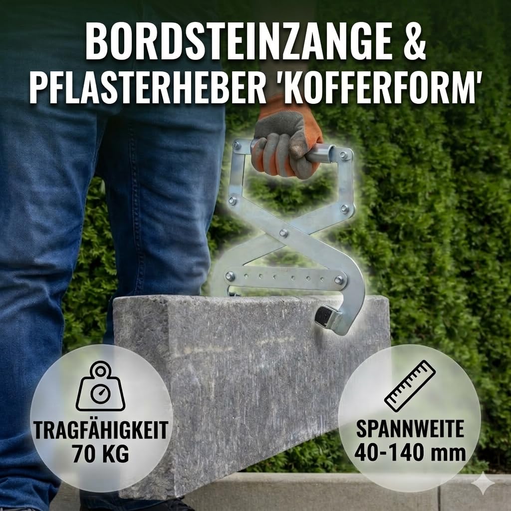 Pflasterzange 40–140 mm, 70 kg Tragkraft, verzinkt, verstellbare Tragezange für Pflastersteine, Bordsteine und Betonplatten