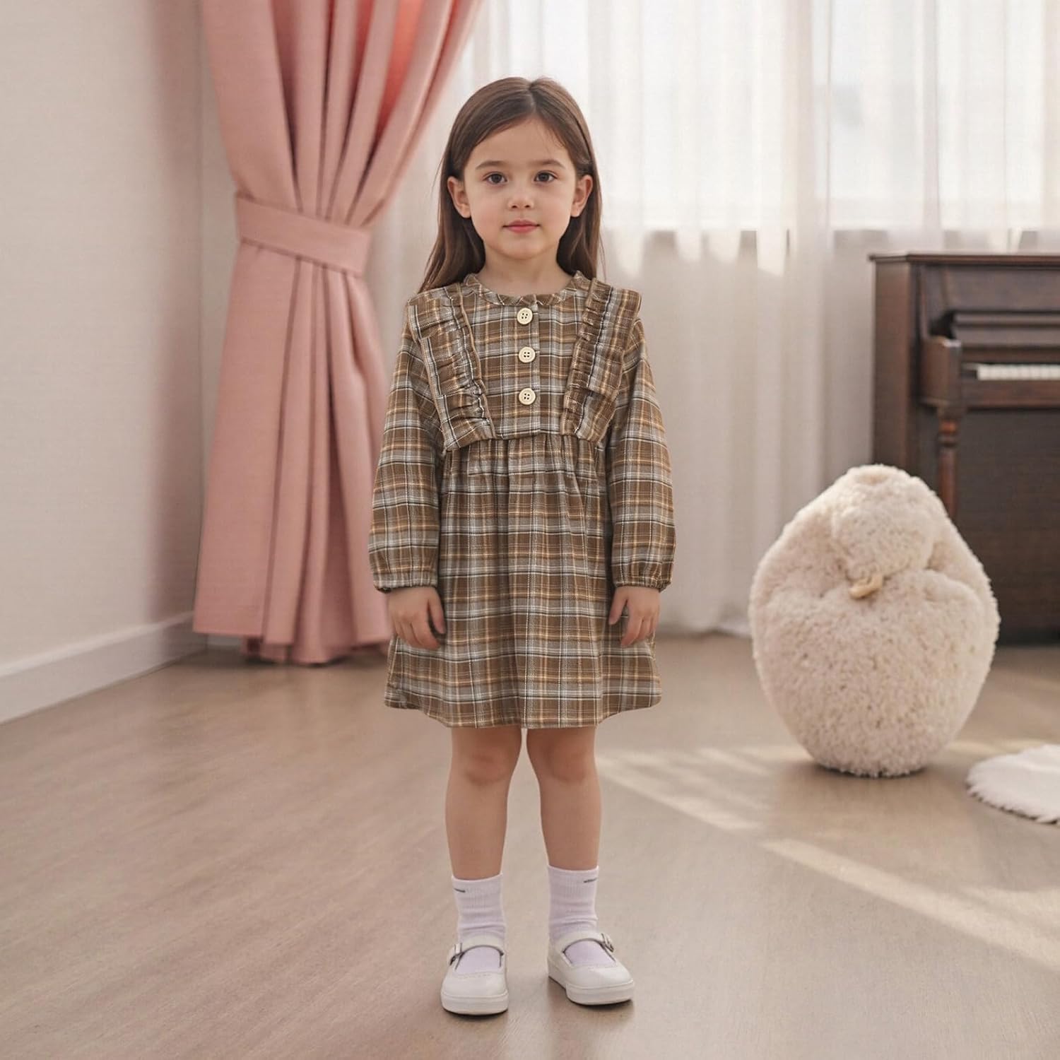 Baby Girl Cute Plaid Long Sleeve Ruffle Party A-line Dress Infant Newborn Winter Outfits - Image 3
