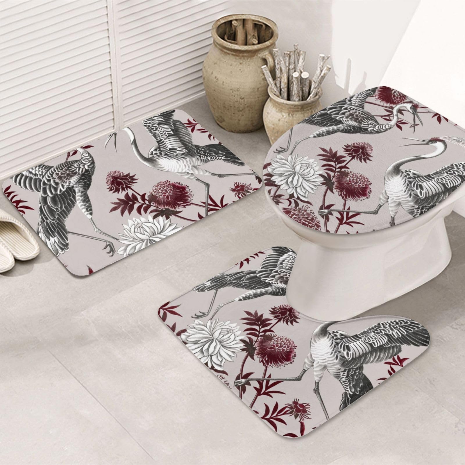 Lot de 3 tapis de bain en flanelle avec motif floral et herbes botaniques - Tapis de bain + tapis contour + housse de siège de toilette - Antidérapant et absorbant