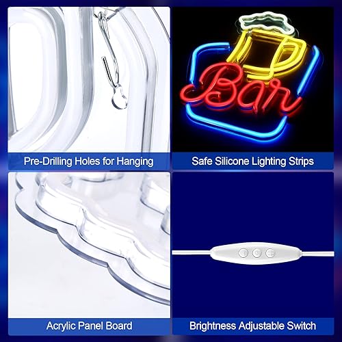 Miniatura 3 de FITNATE Letrero de barra de neón, letrero de neón de cerveza para decoración de pared, letrero de luz LED de neón ajustable con brillo ajustable por