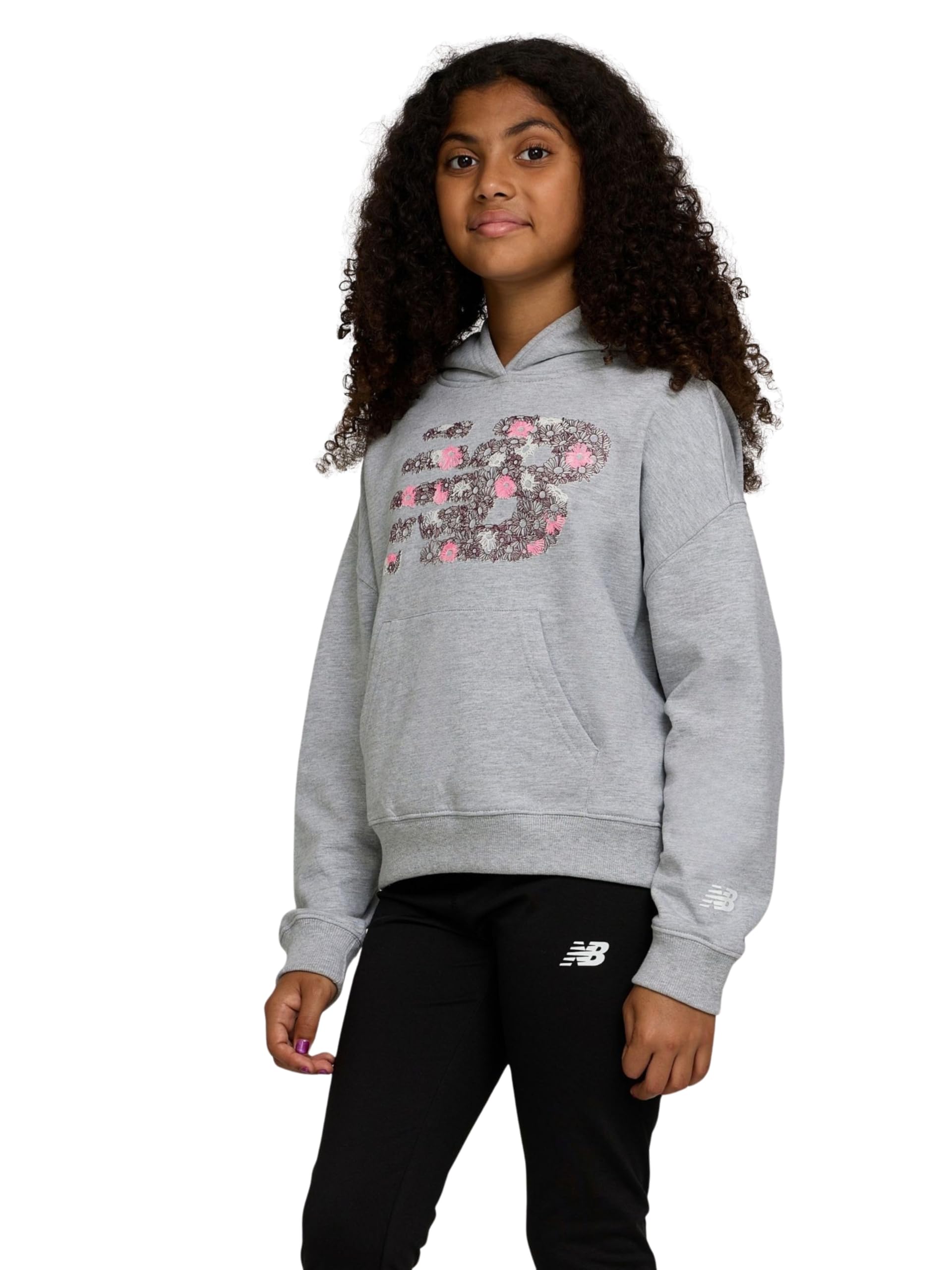 new balance girls hoodie β cute comfy soft fleece cotton blend pullover sweatshirt, drop shoulder, sizes 4-16 grey heather