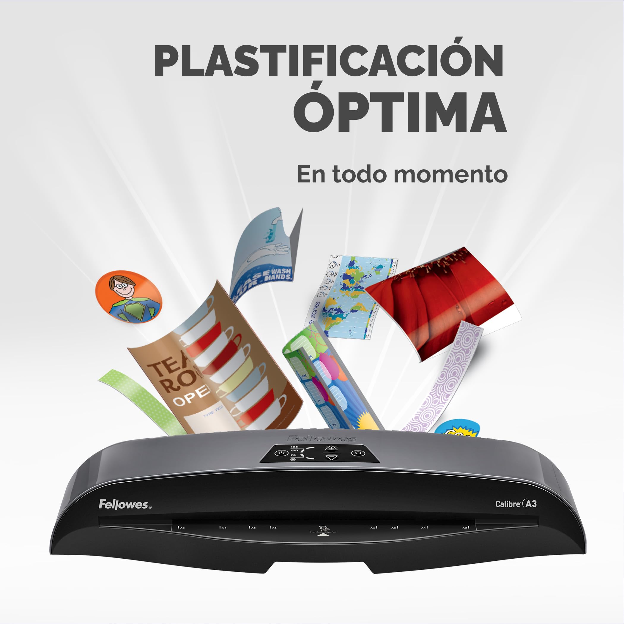 Fellowes Plastificadora A3 Calibre para pequeñas oficinas,1 minuto de calentamiento con apagado automático y modo de reposo, 80-125 micras, Incluye 10 fundas de plastificación A4, Negro