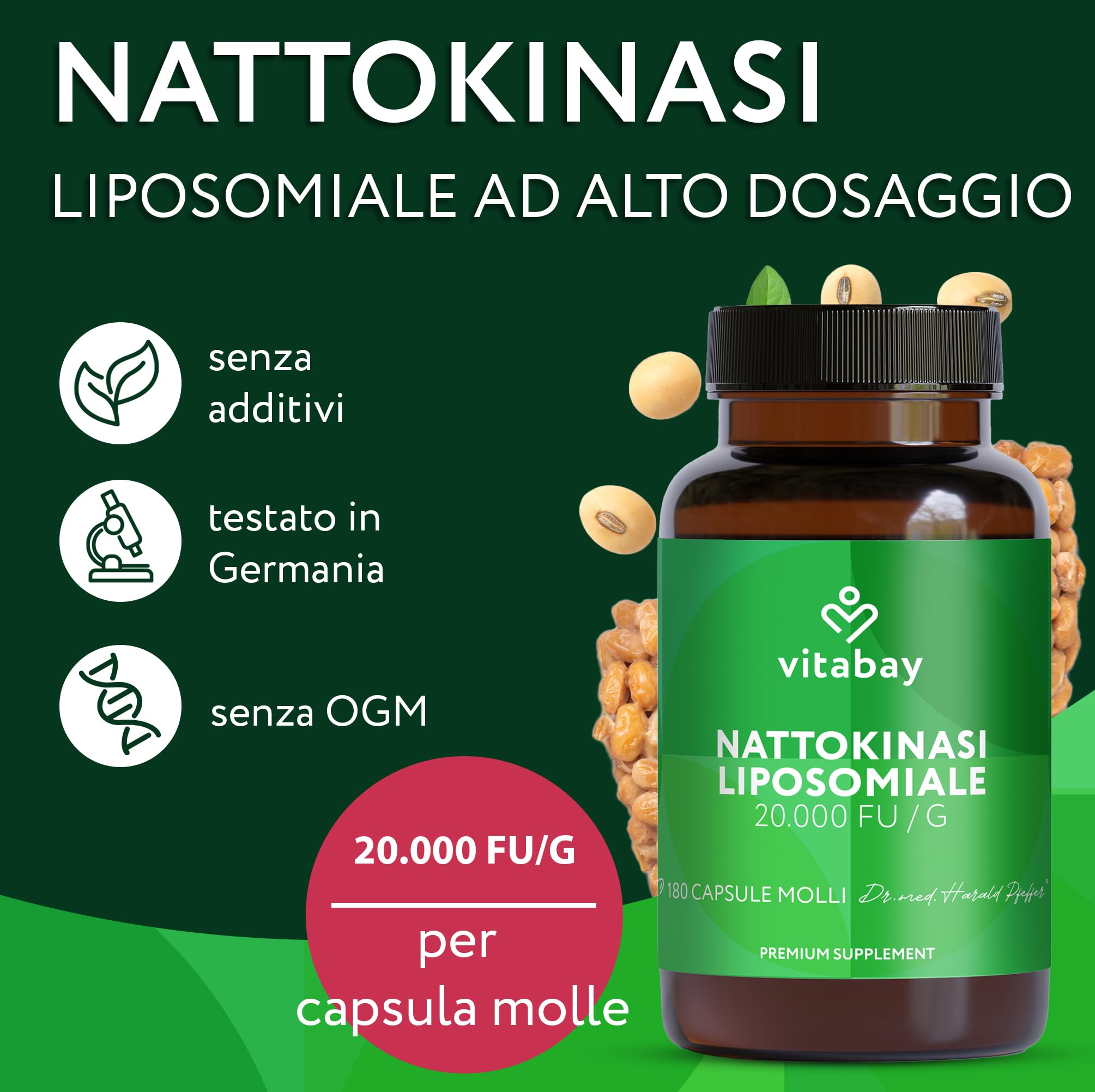 Vitabay Nattokinasi 2.000 FU alto dosaggio – 180 capsule softgel vegane – Nattokinasi liposomiale da soia fermentata – senza vitamina K2, senza additivi & testata in laboratorio – scorta 6 mesi