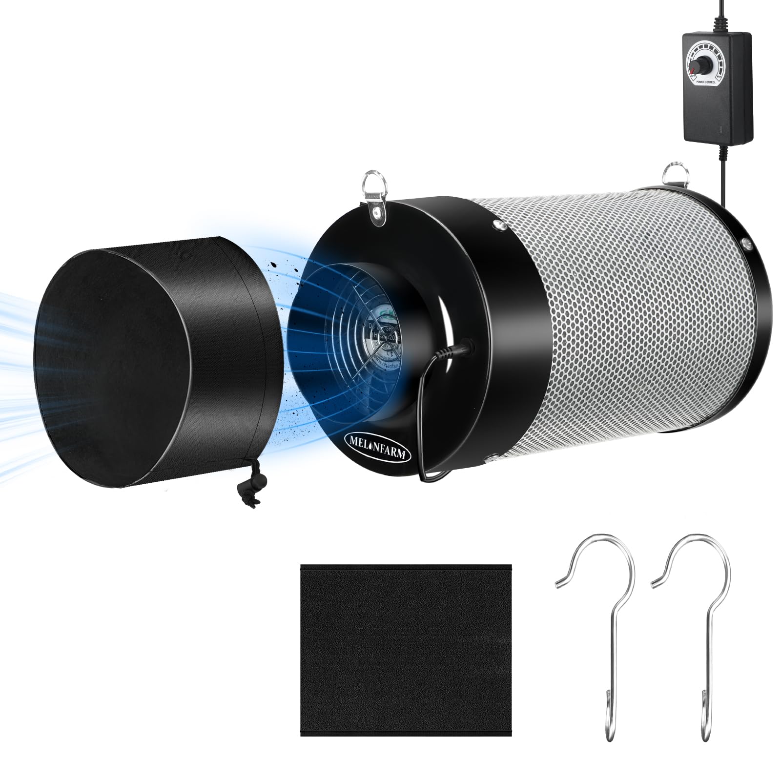 MELONFARM 4 inch Air Carbon Filter Smelliness Control with Australia Virgin Charcoal, Built-in 14cm Fan Low Nois and Speed Controller for Inline Duct Fan, Grow Tent, Vent Cover & Pre-Filter Included