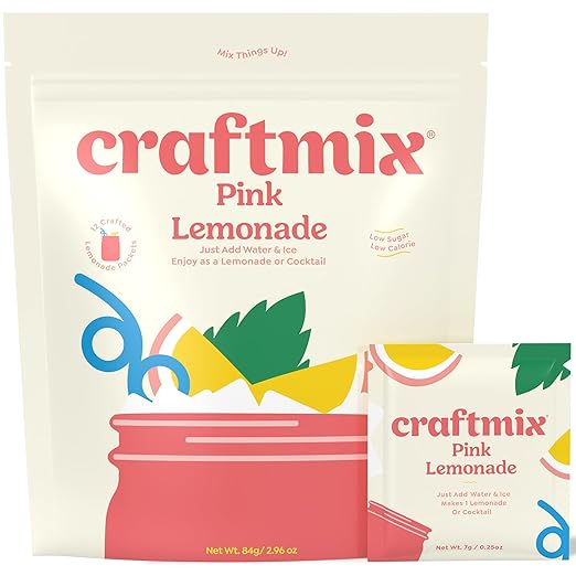 Craftmix Pink Lemonade Mix, 12 Packets, Easy Powder Drink with Real Fruit, Low-Sugar, Vegan, Low-Carb, Non-GMO, Dairy-Free, Gluten-Free, Flavored Water Enhancer, On-the-Go Water Flavoring Packets