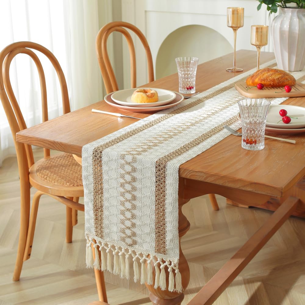 DONGKER Table Runner,Linen Rustic Beige Tabletop Runners,Macrame Table Runner with Tassels for Holiday Parties and Everyday Use
