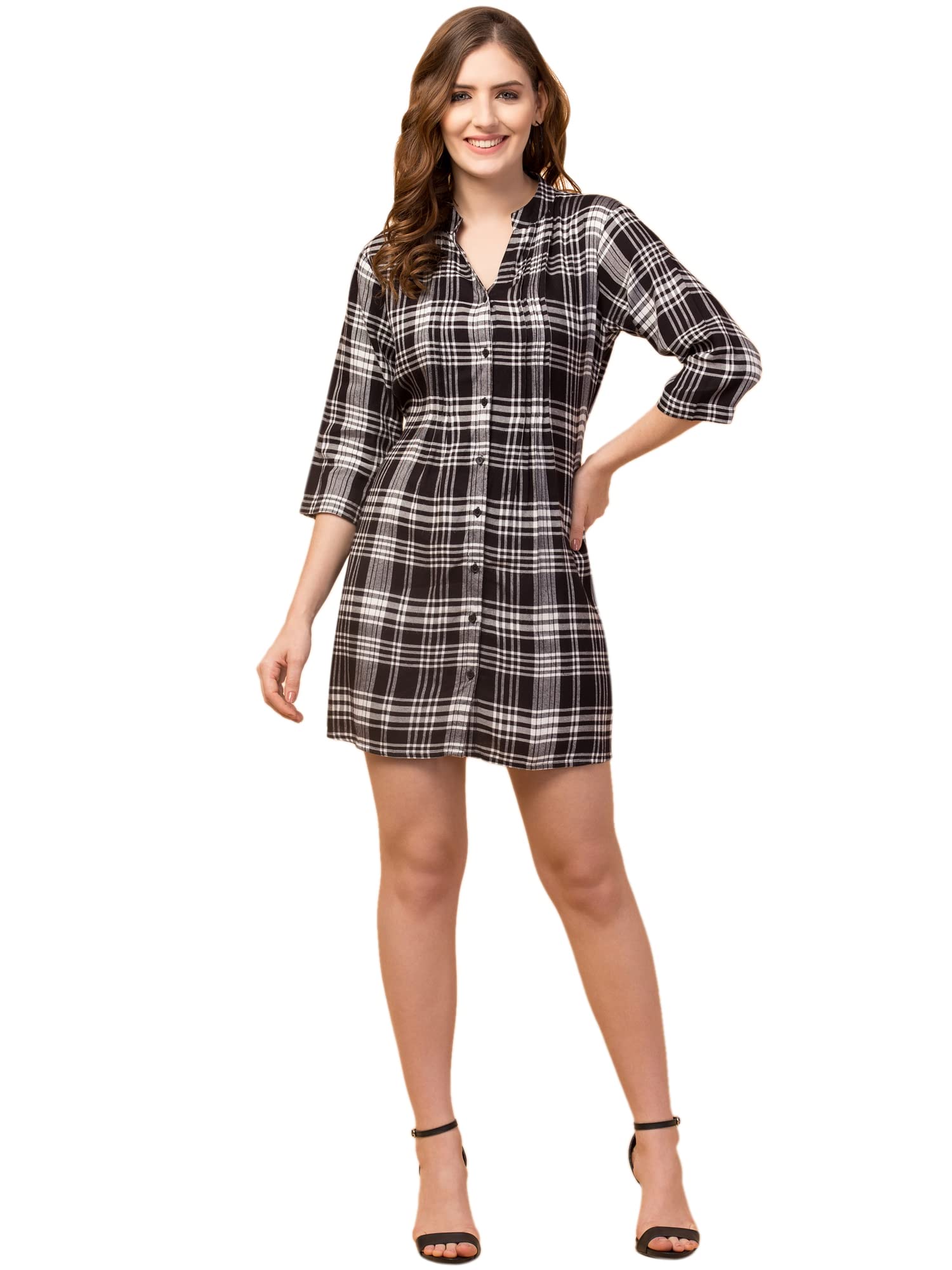 Black and White Checkered Rayon Shirt Dress for Women-image-6