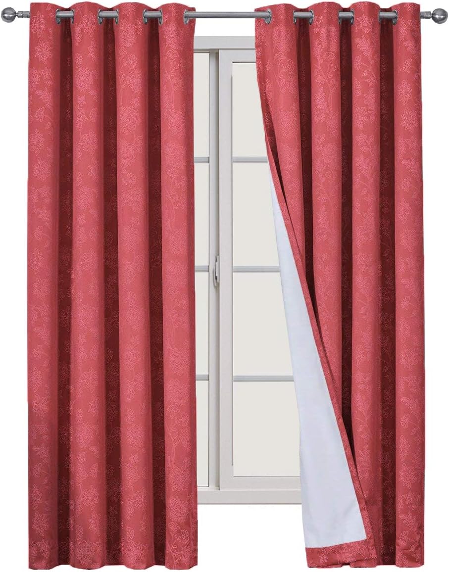 sheetsnthings Floral Fannie 108-Inch Wide x 63-Inch Long, Set of 2 Jacquard Thermal Insulated Blackout Curtains, Burgundy-Red
