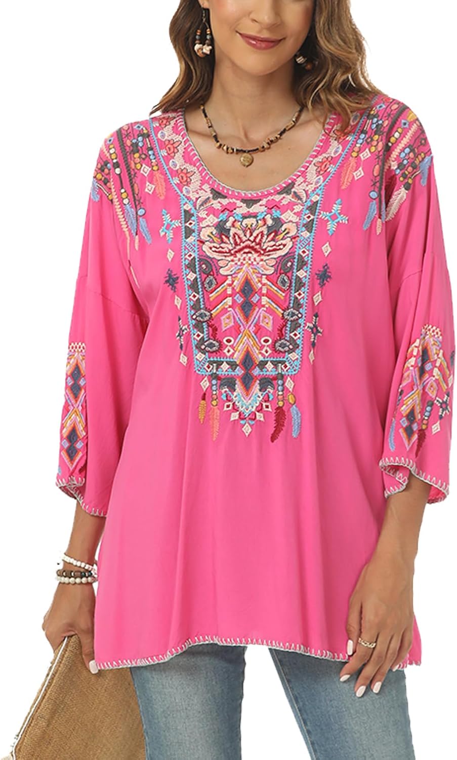 Higustar Mexican Embroidered Tops for Women Traditional Boho Tunics Bohemian Shirts Plus Size Peasant Clothes Blouses