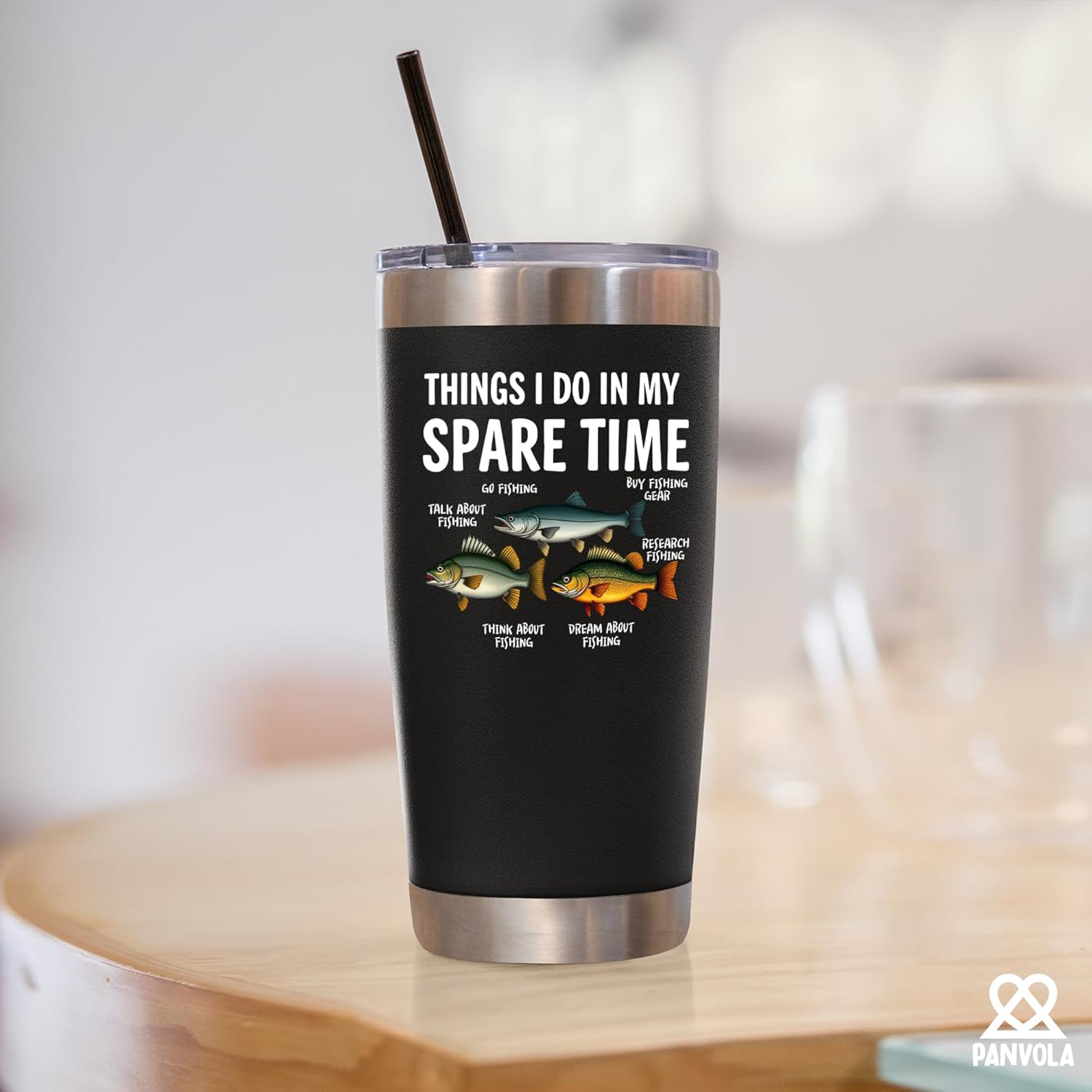 Panvola Things I Do In My Spare Time Fishing Gifts Fisherman Dad Grandpa Husband Brother Father' Day Vacuum Insulated Stainless Steel Tumbler With Removable Lid And Straw 20 oz Black - Image 6