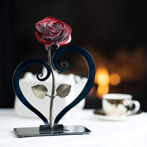 Miniatura 7 de Gift Hand-Forged Wrought Iron Red Metal Rose with Heart - Shaped Stand - Iron Anniversary Gift