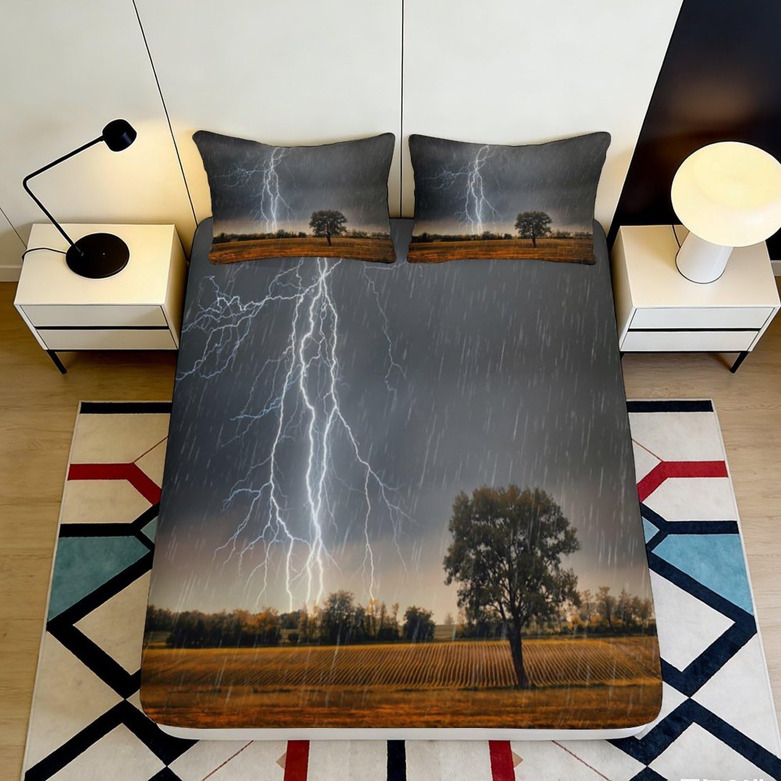3D Printed Lightning Storm Fitted Sheet Microfiber Soft Rainy Night Mattress Cover for Bedroom Guest Room Decor 90x200x25cm